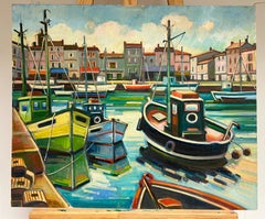 Pintura al óleo de una vibrante escena francesa de barcos de pesca y puerto costero