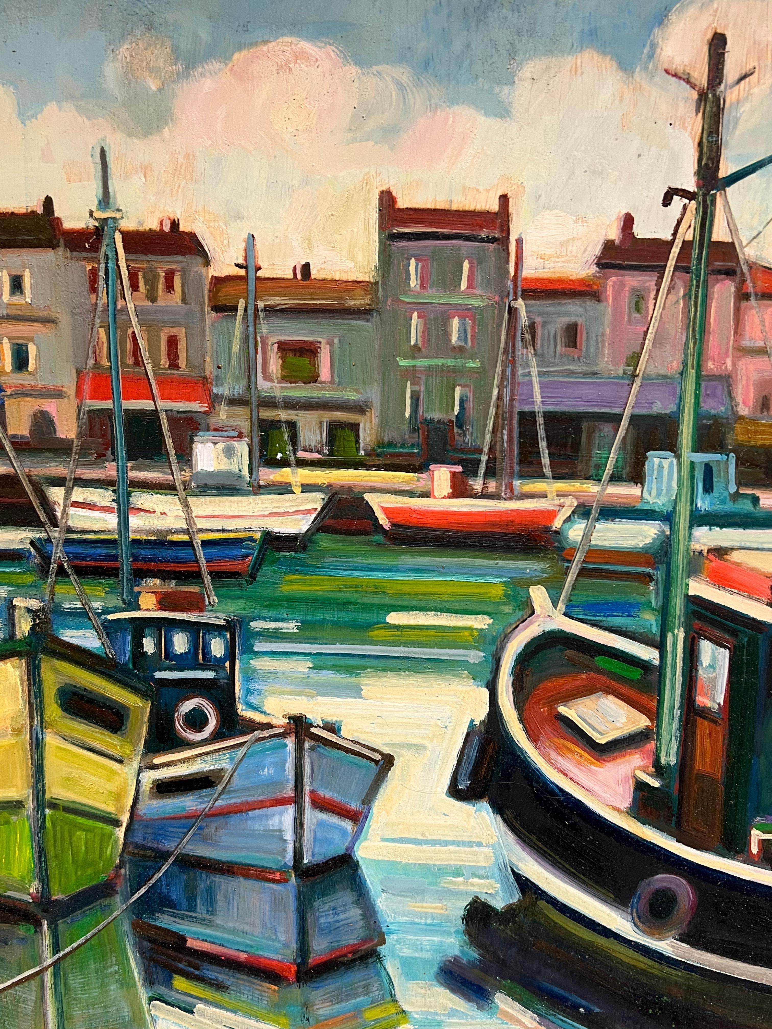 Pittura ad olio francese con scena vibrante di barche da pesca e porto costiero - Landscape Painting Marrone di Max Toutain