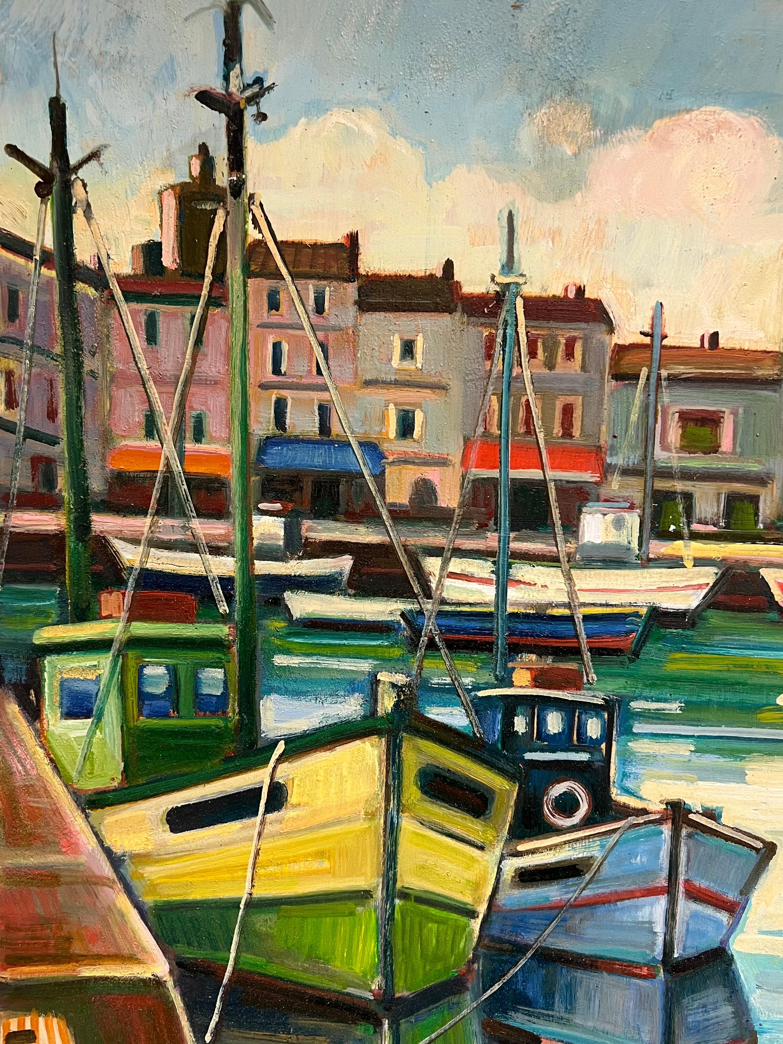 Porto francese luminoso
di Max Toutain (1935-2006)
dipinto a olio su tavola, senza cornice
tavola: 21,5 x 26 pollici
Provenienza: tutti i quadri che abbiamo di questo artista provengono dalla tenuta dell'artista nel sud della Francia. 
Condizioni:
