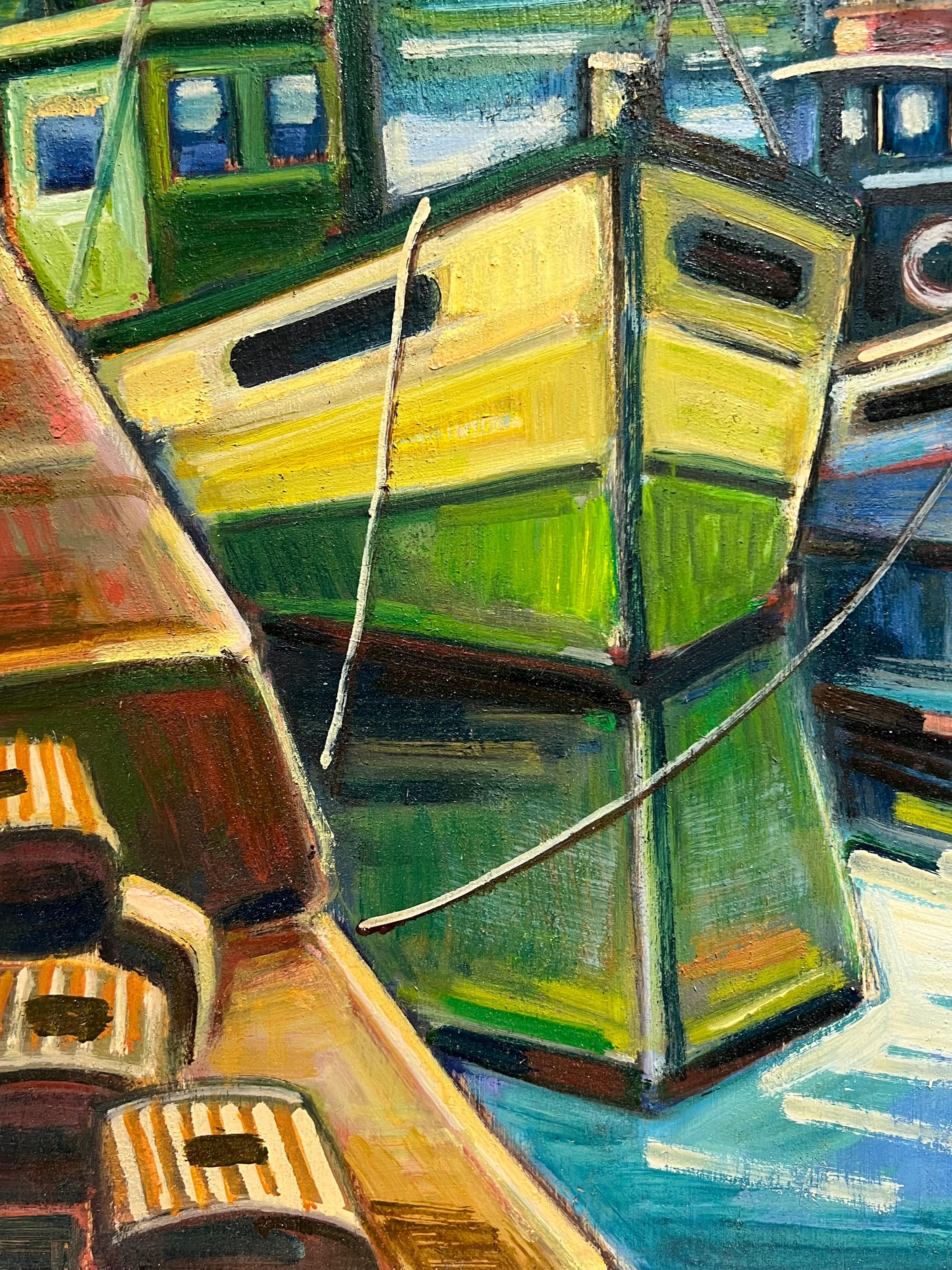 Pittura ad olio francese con scena vibrante di barche da pesca e porto costiero in vendita 2