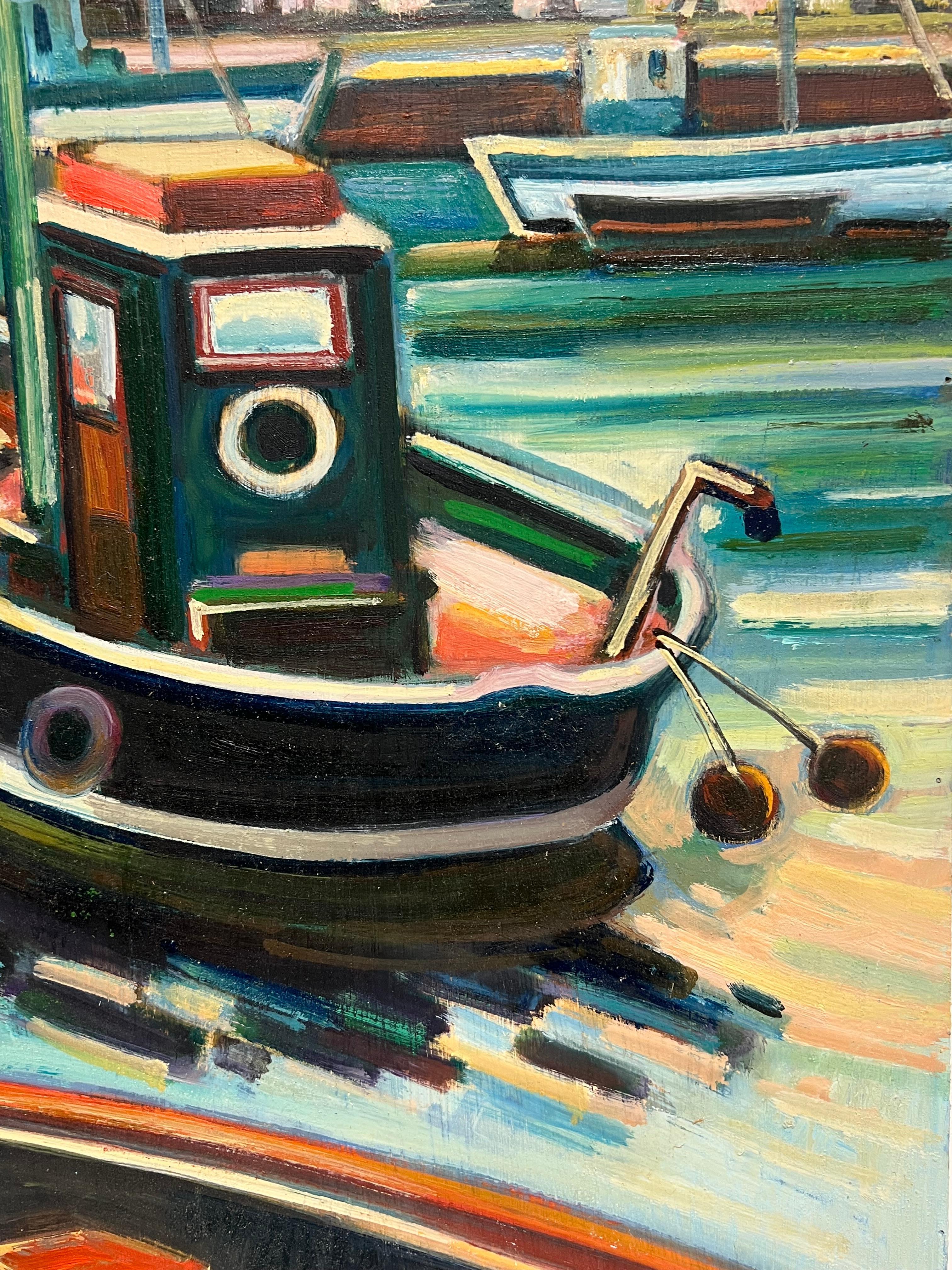 Pittura ad olio francese con scena vibrante di barche da pesca e porto costiero in vendita 4
