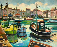 French Vibrant Scene of Fishing Boats and Coastal Harbour Oil Painting
