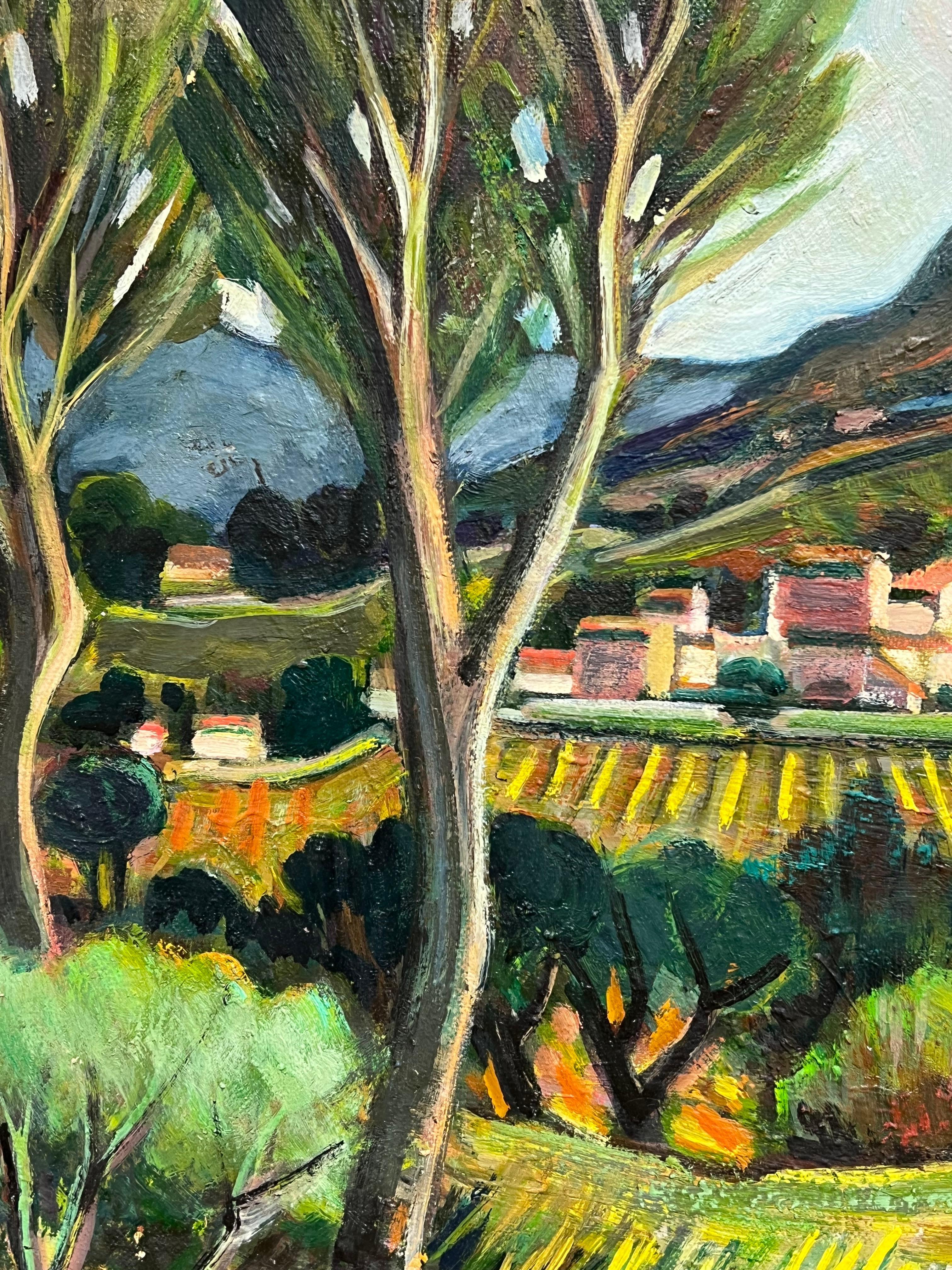 Villaggio francese ai piedi di una montagna, sotto un cielo vibrante Olio francese in vendita 1