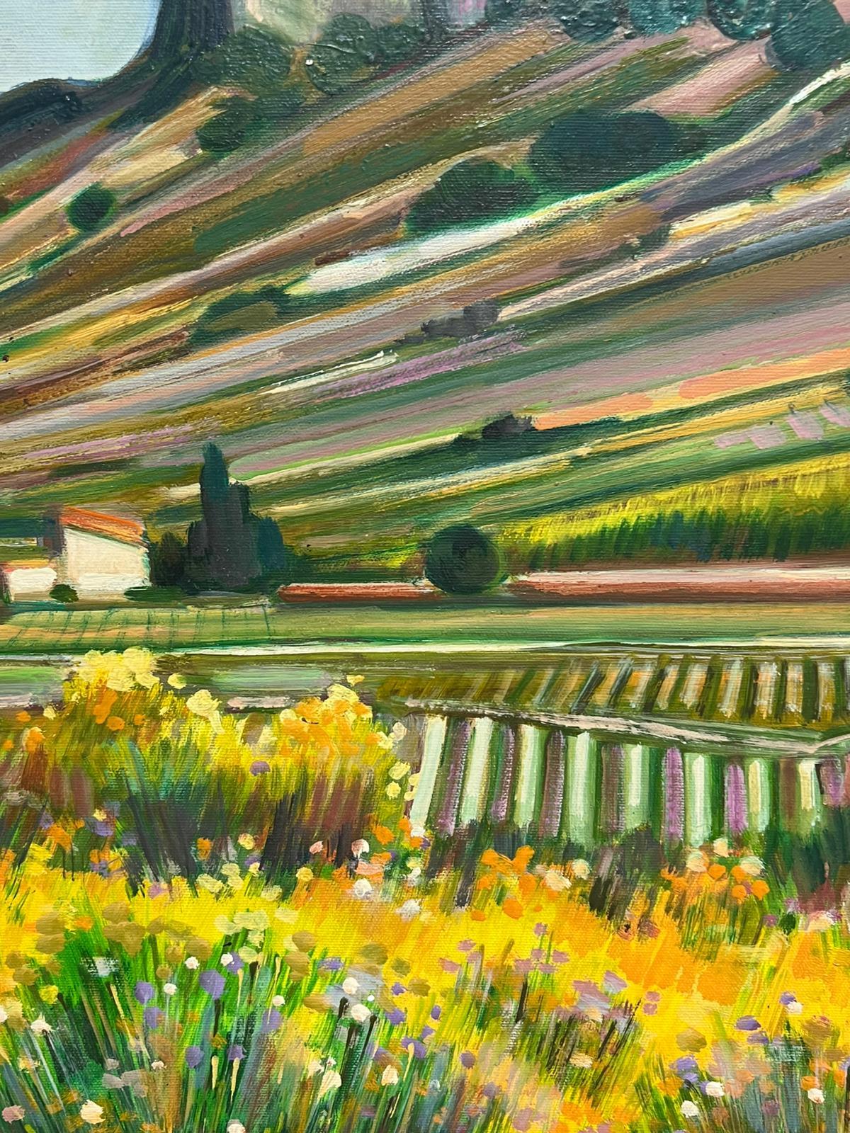 Golden Green Provence France Landscape Hilltop Village 20th Century Oil Painting For Sale 1