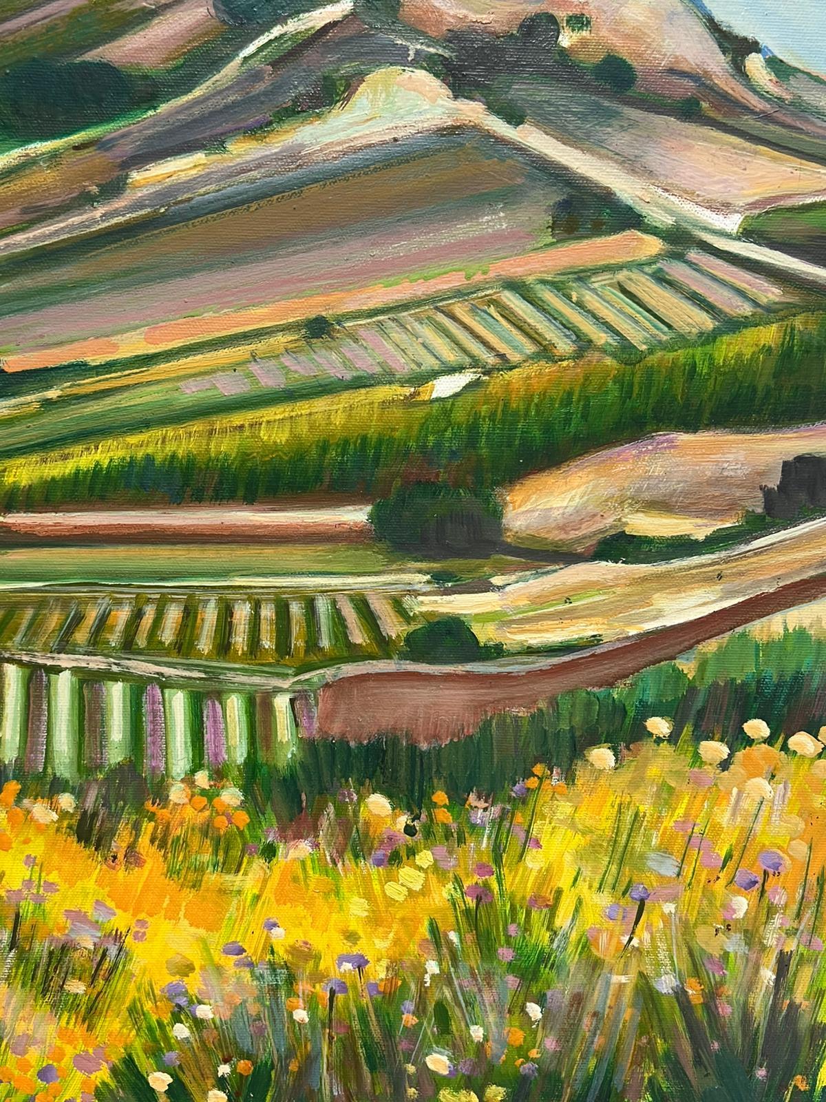Golden Green Provence France Landscape Hilltop Village 20th Century Oil Painting For Sale 2