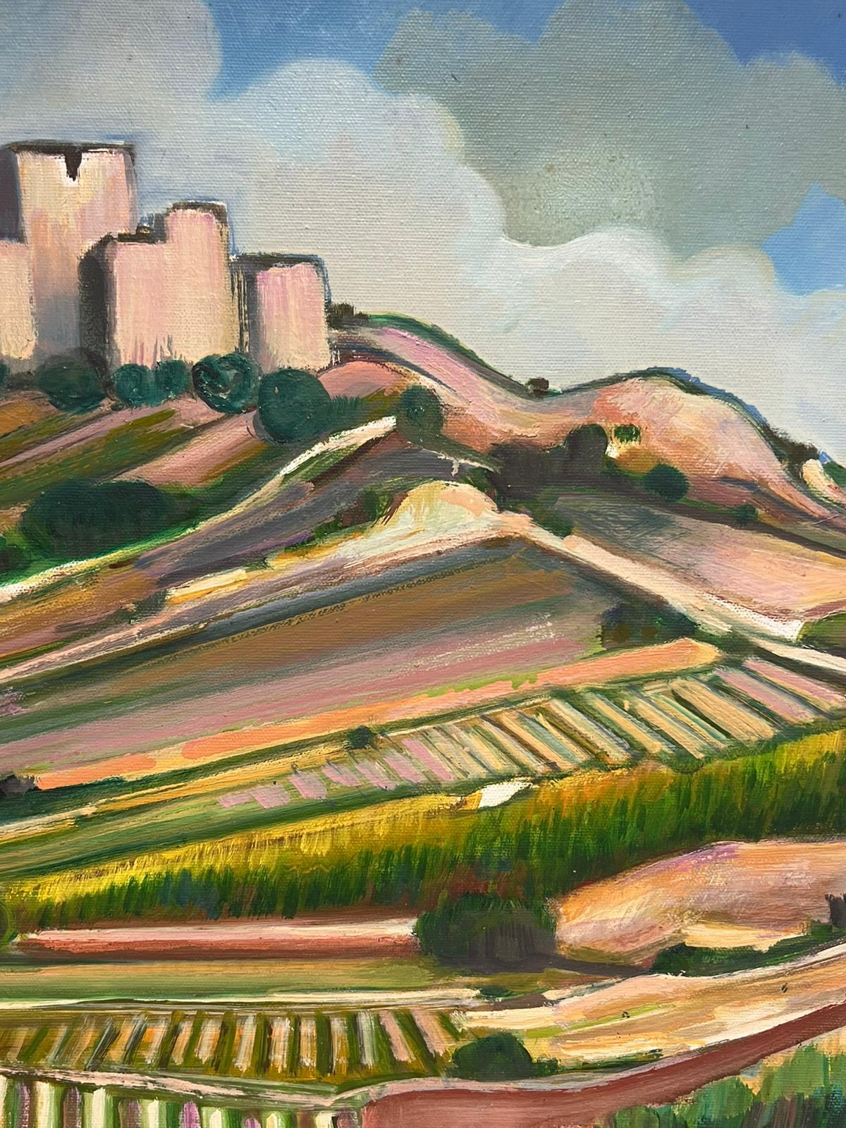 Golden Green Provence France Landscape Hilltop Village 20th Century Oil Painting For Sale 3