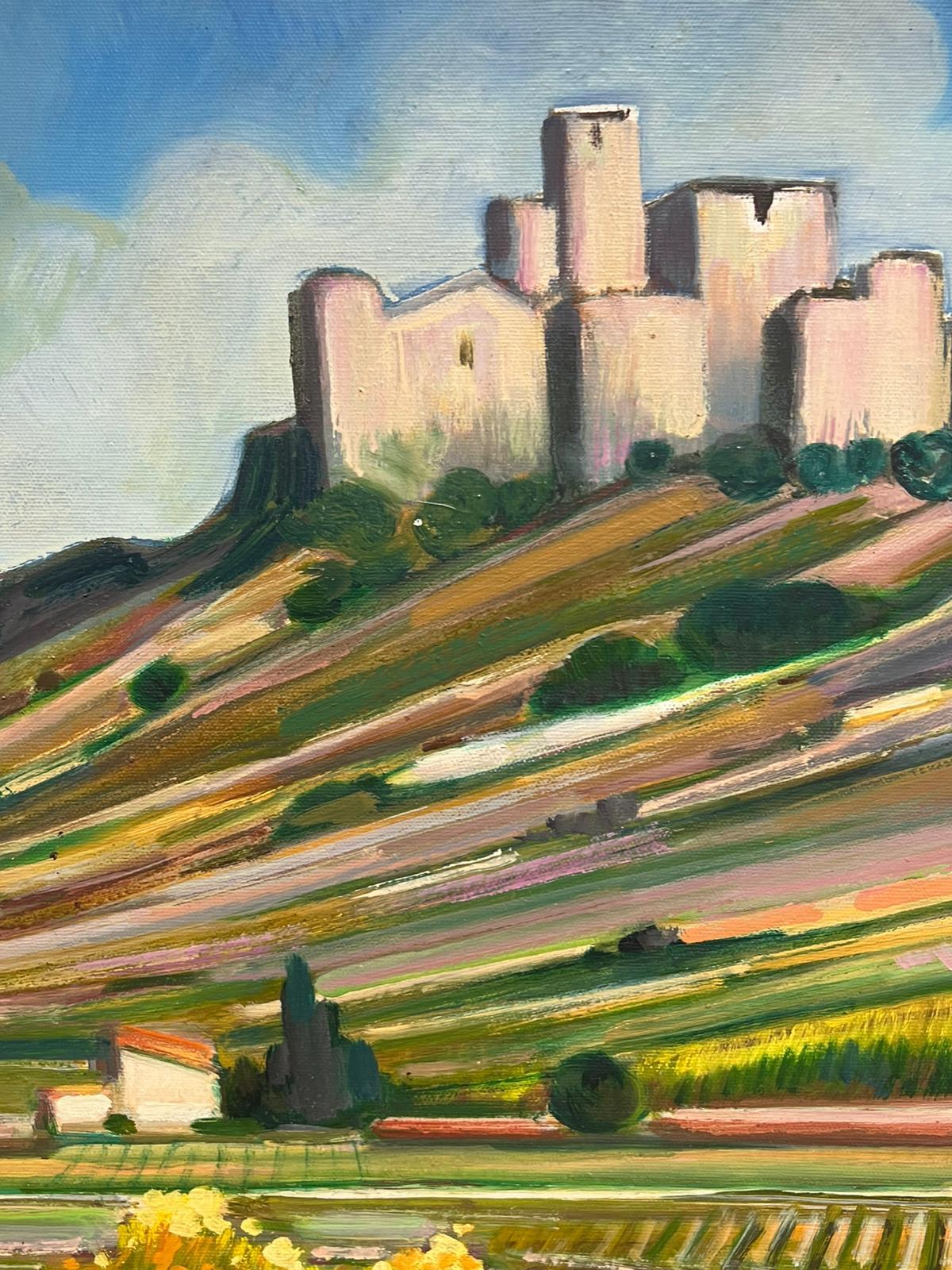 Golden Green Provence France Landscape Hilltop Village 20th Century Oil Painting For Sale 4