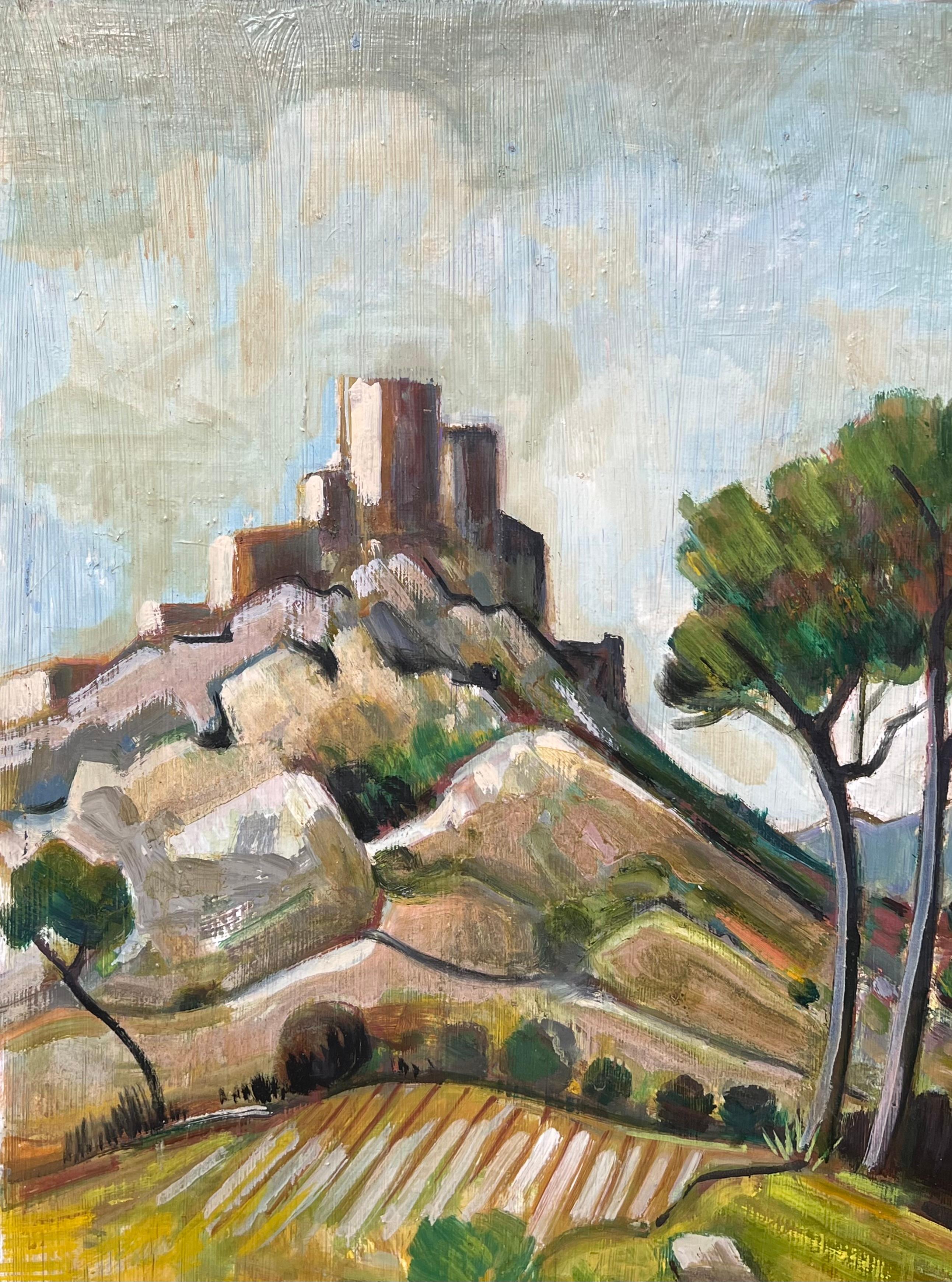 Pueblo de la Provenza encaramado en lo alto de una colina, Gran cuadro postimpresionista francés del siglo XX - Painting de Max Toutain