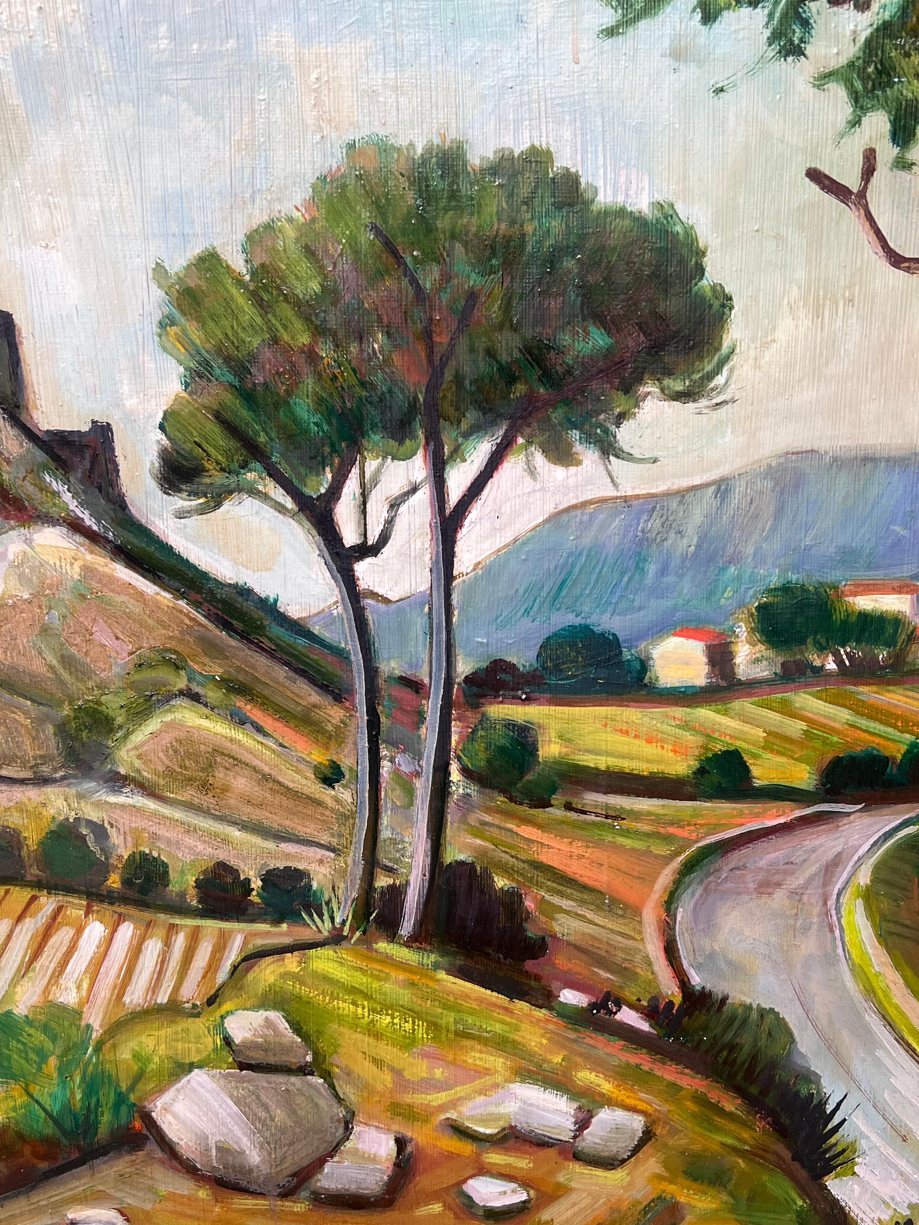 Pueblo de la Provenza encaramado en lo alto de una colina, Gran cuadro postimpresionista francés del siglo XX - Painting Posimpresionista de Max Toutain