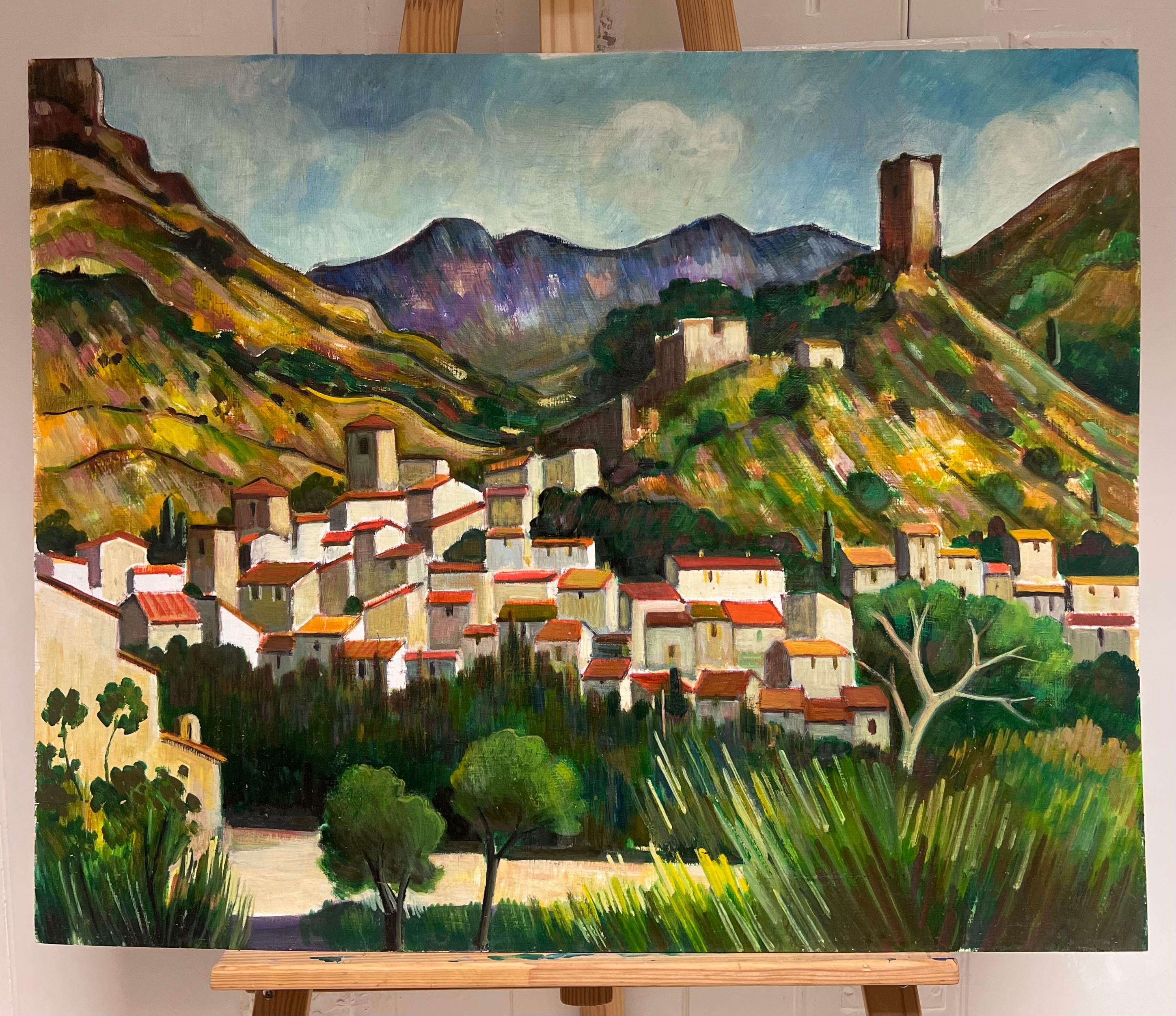 Hill Top Village Provence Großes französisches postimpressionistisches Gemälde des 20. Jahrhunderts – Painting von Max Toutain
