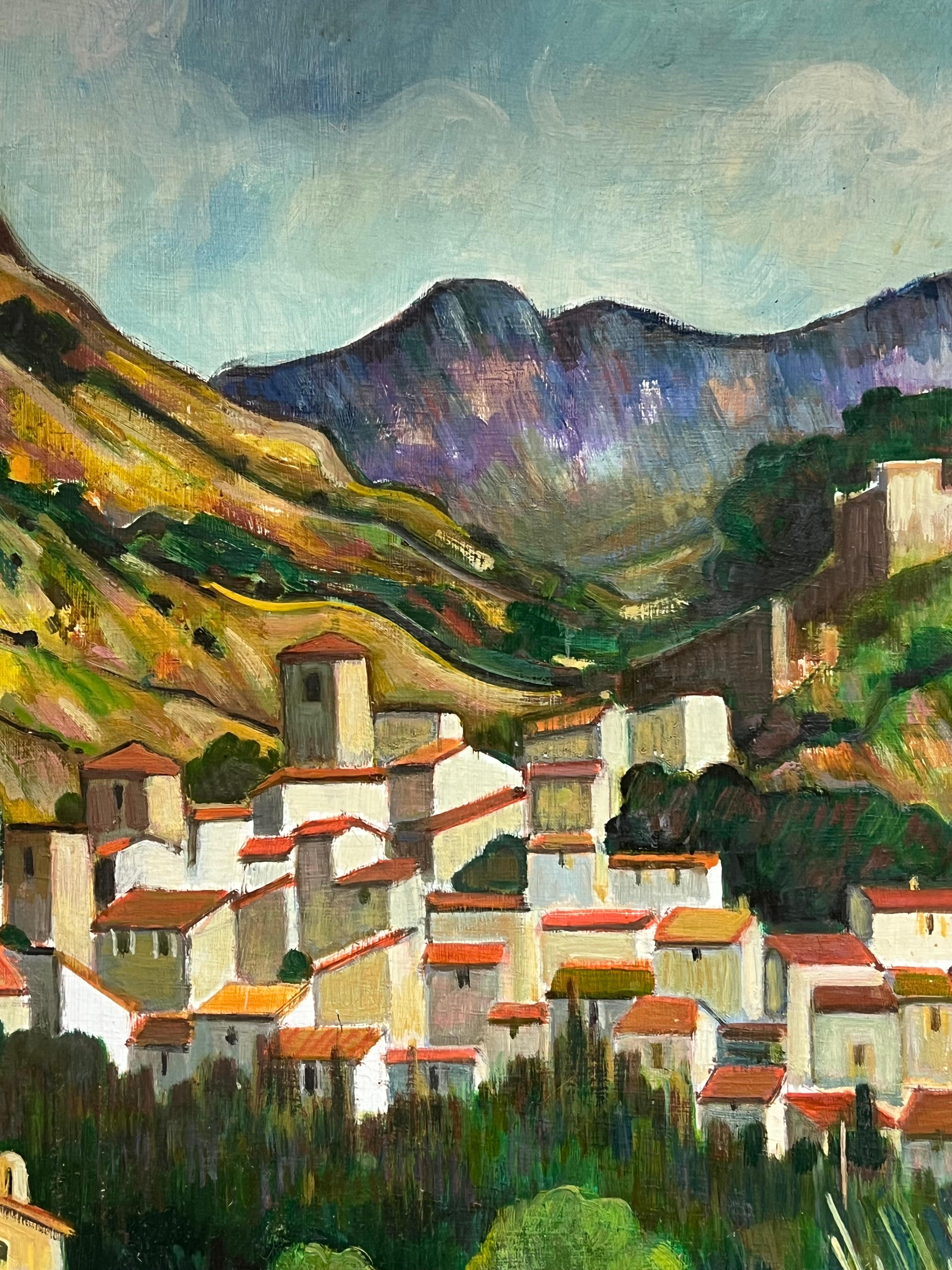 Hill Top Village Provence Großes französisches postimpressionistisches Gemälde des 20. Jahrhunderts (Schwarz), Landscape Painting, von Max Toutain