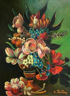 Grande Nature Morte Classique de Fleurs Signée peinture à l'huile sur toile