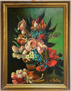 Grande Natura morta classica di fiori firmata Pittura a olio su tela francese