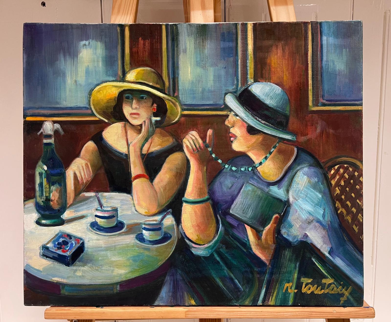 Gran cuadro al óleo modernista francés Señoras bebiendo Café Bistro Bar - Painting de Max Toutain