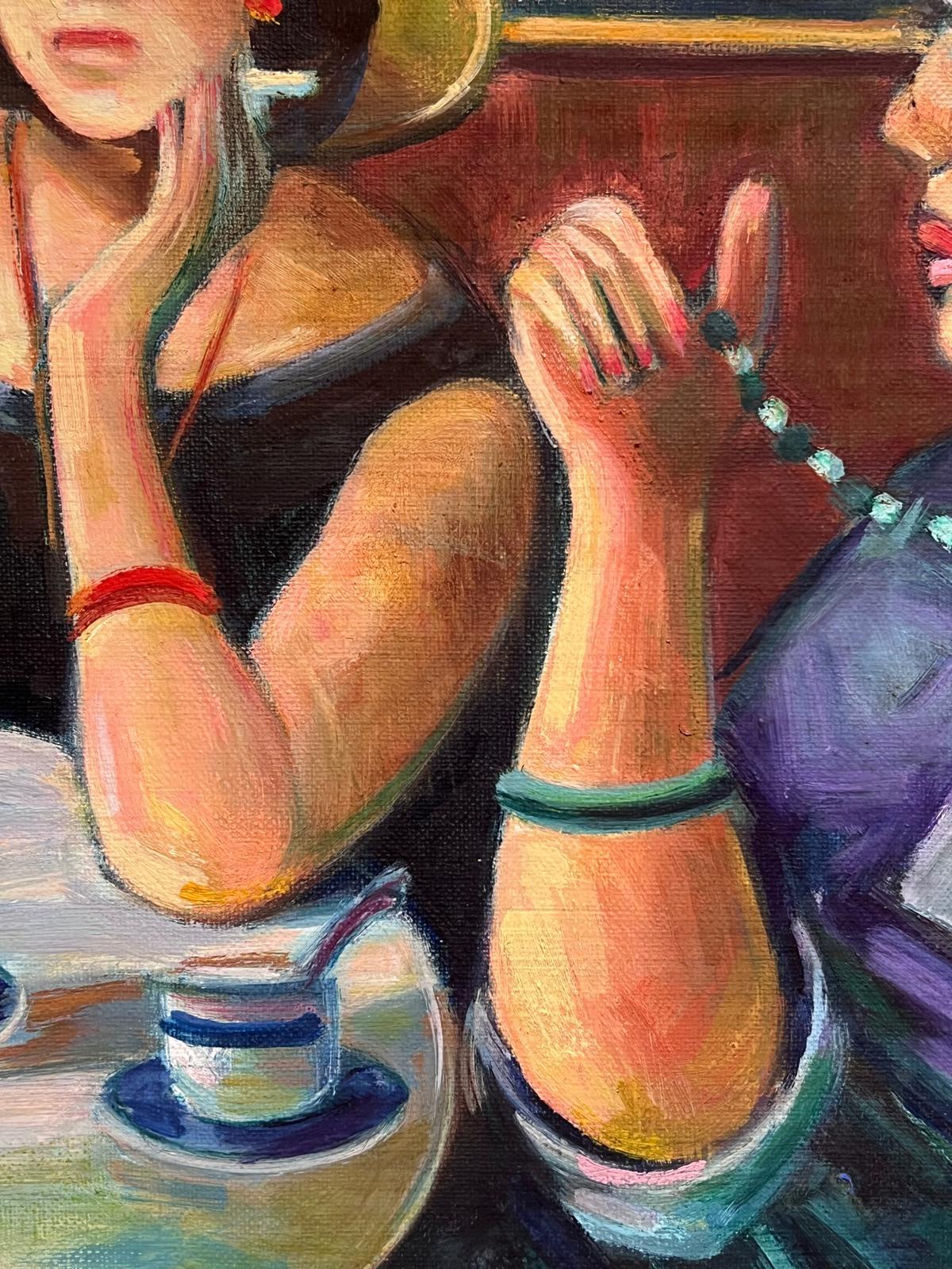 Gran cuadro al óleo modernista francés Señoras bebiendo Café Bistro Bar - Painting Posimpresionista de Max Toutain