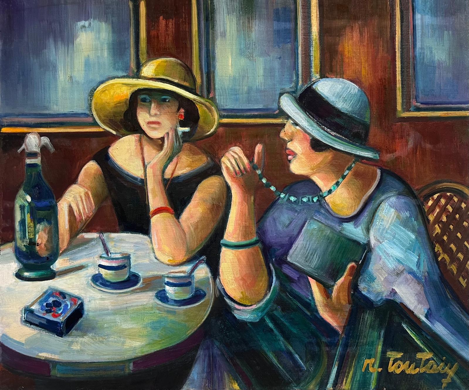 Interior Painting de Max Toutain - Gran cuadro al óleo modernista francés Señoras bebiendo Café Bistro Bar