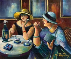 Grande pittura ad olio modernista francese Donne che bevono al bar Bistrot