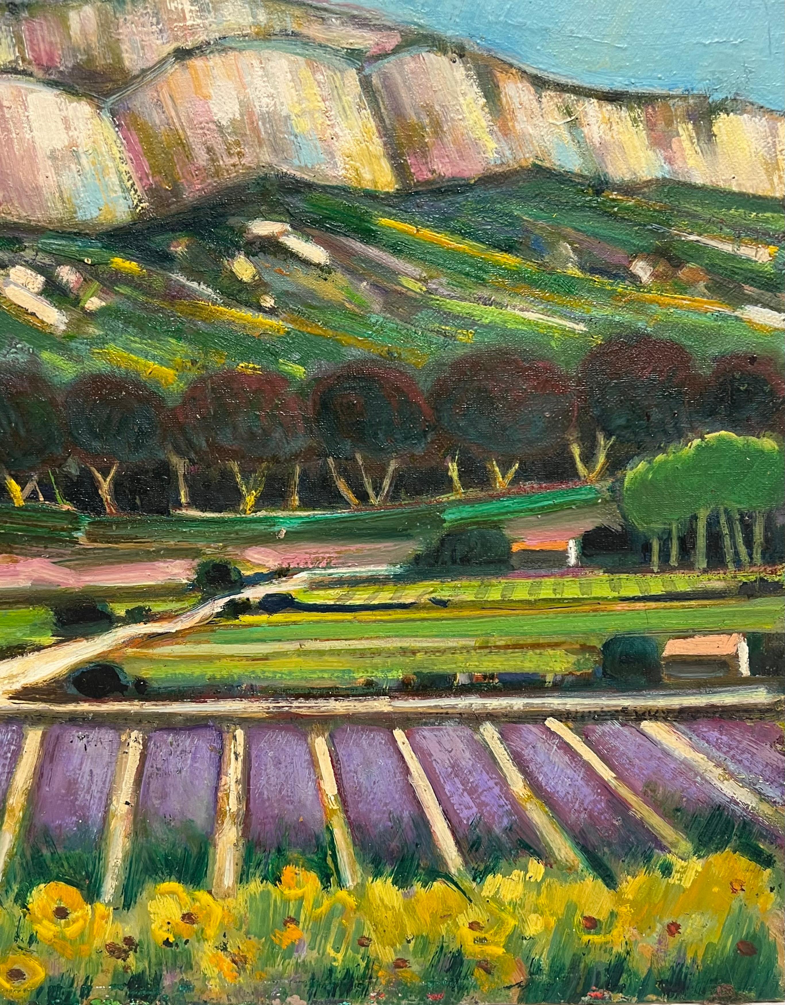 Lavendelfelder unterhalb der moosbewachsenen Felsen des Tals Französische postimpressionistische Malerei (Grau), Landscape Painting, von Max Toutain