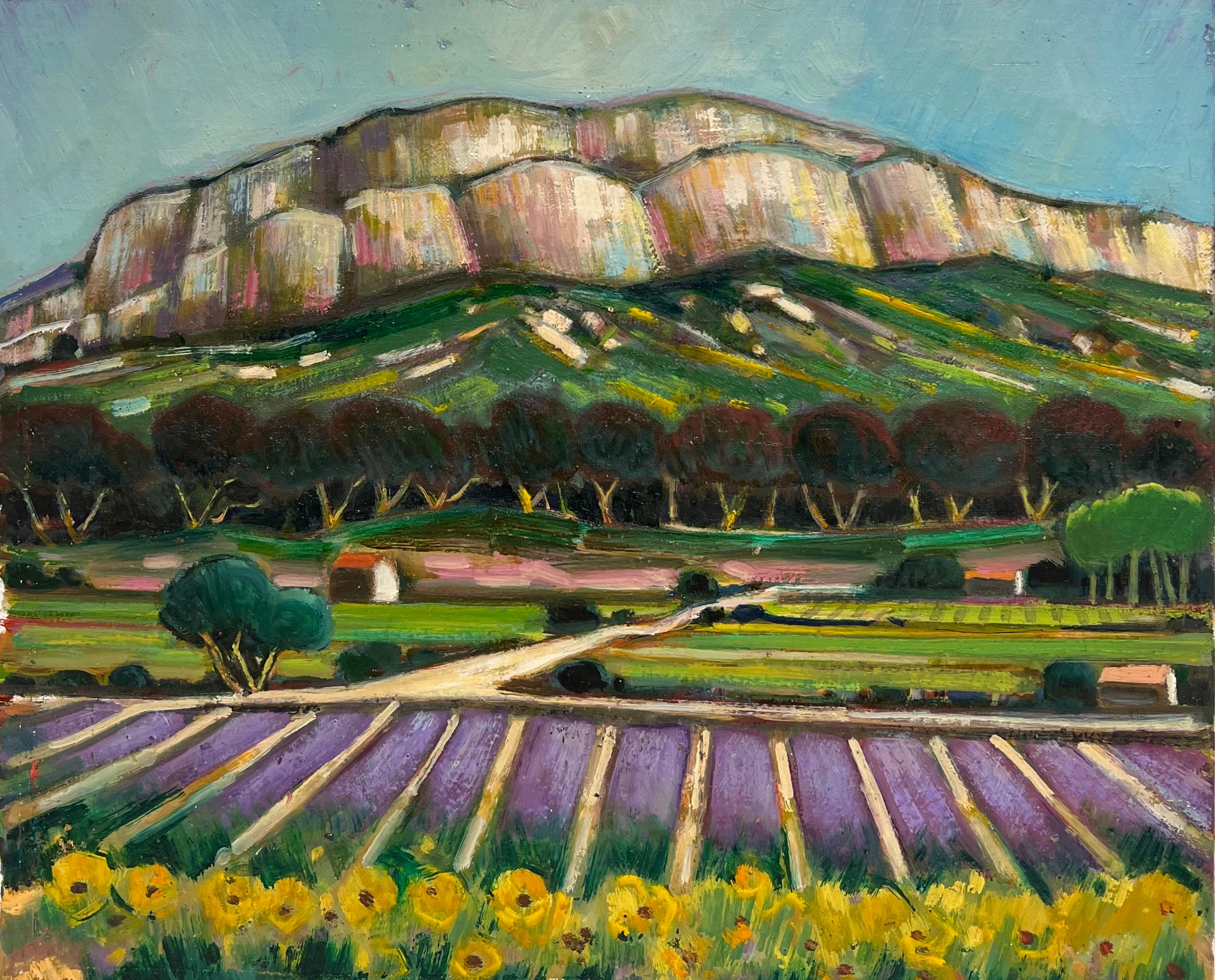 Max Toutain Landscape Painting – Lavendelfelder unterhalb der moosbewachsenen Felsen des Tals Französische postimpressionistische Malerei