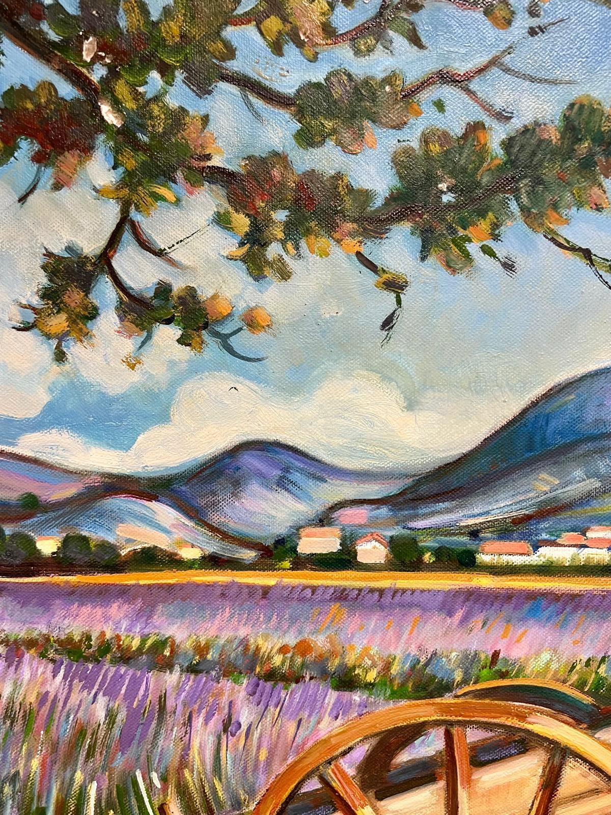 Lavendelfelder, Provence
von Max Toutain (1935-2006)
Ölgemälde auf Leinwand, ungerahmt
Leinwand : 18 x 22 Zoll
Provenienz: Alle Gemälde, die wir von diesem Künstler besitzen, stammen aus dem Nachlass des Künstlers in Südfrankreich. 
Condit: sehr