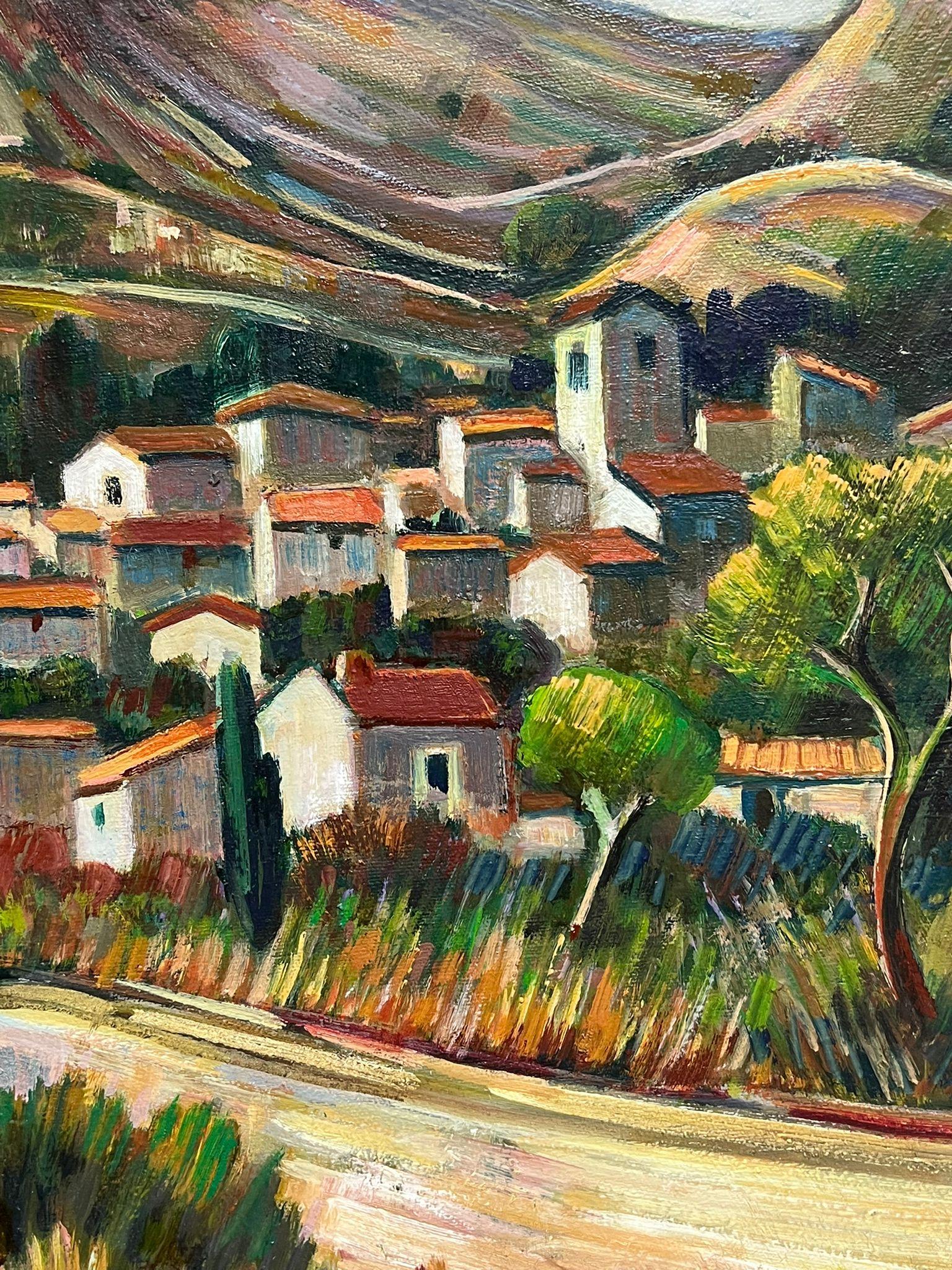 Montañas de la Provenza Antiguo pueblo entre viñedos Óleo del siglo XX en venta 1
