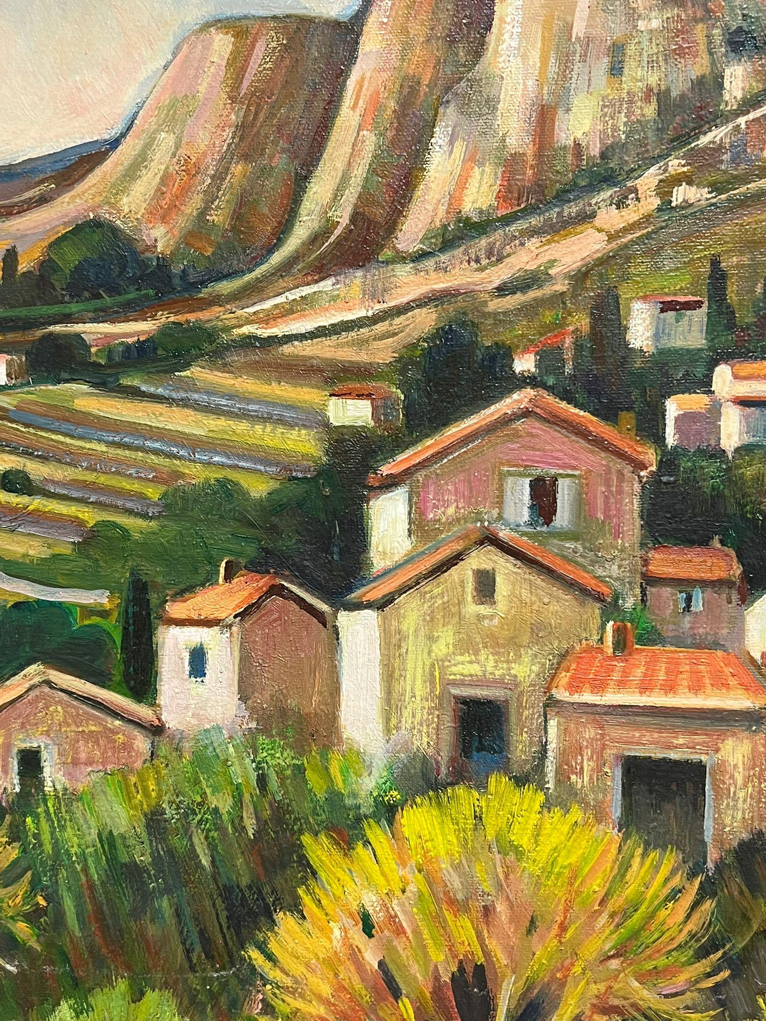 Montañas de la Provenza Antiguo pueblo entre viñedos Óleo del siglo XX en venta 2