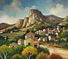 Mountains in Provence Old Village Nestled Amongst Vineyards 20th Century Oil