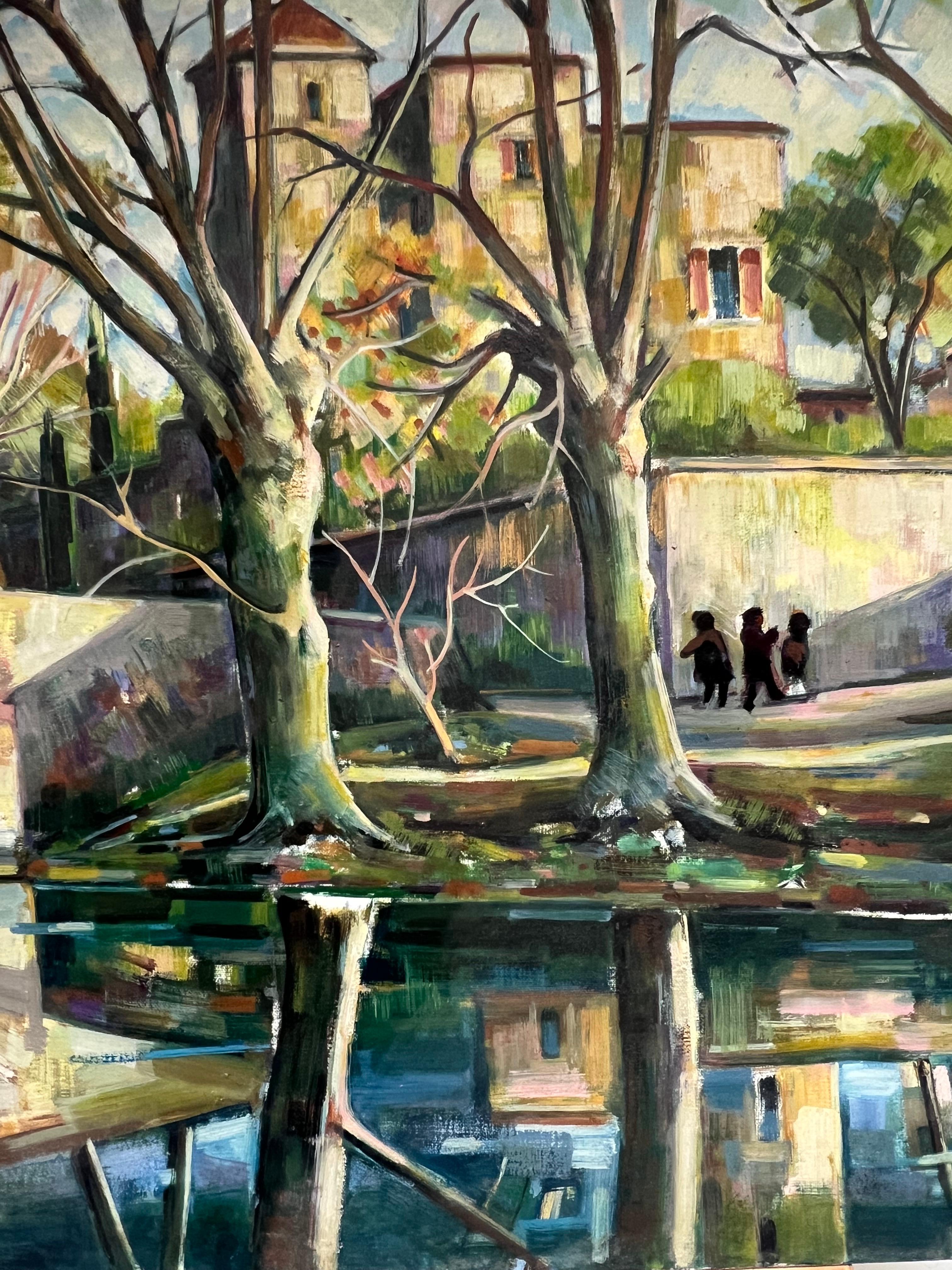 Anciennes figures de château français sur les rives et les ponts de la rivière Grande peinture à l'huile française en vente 5