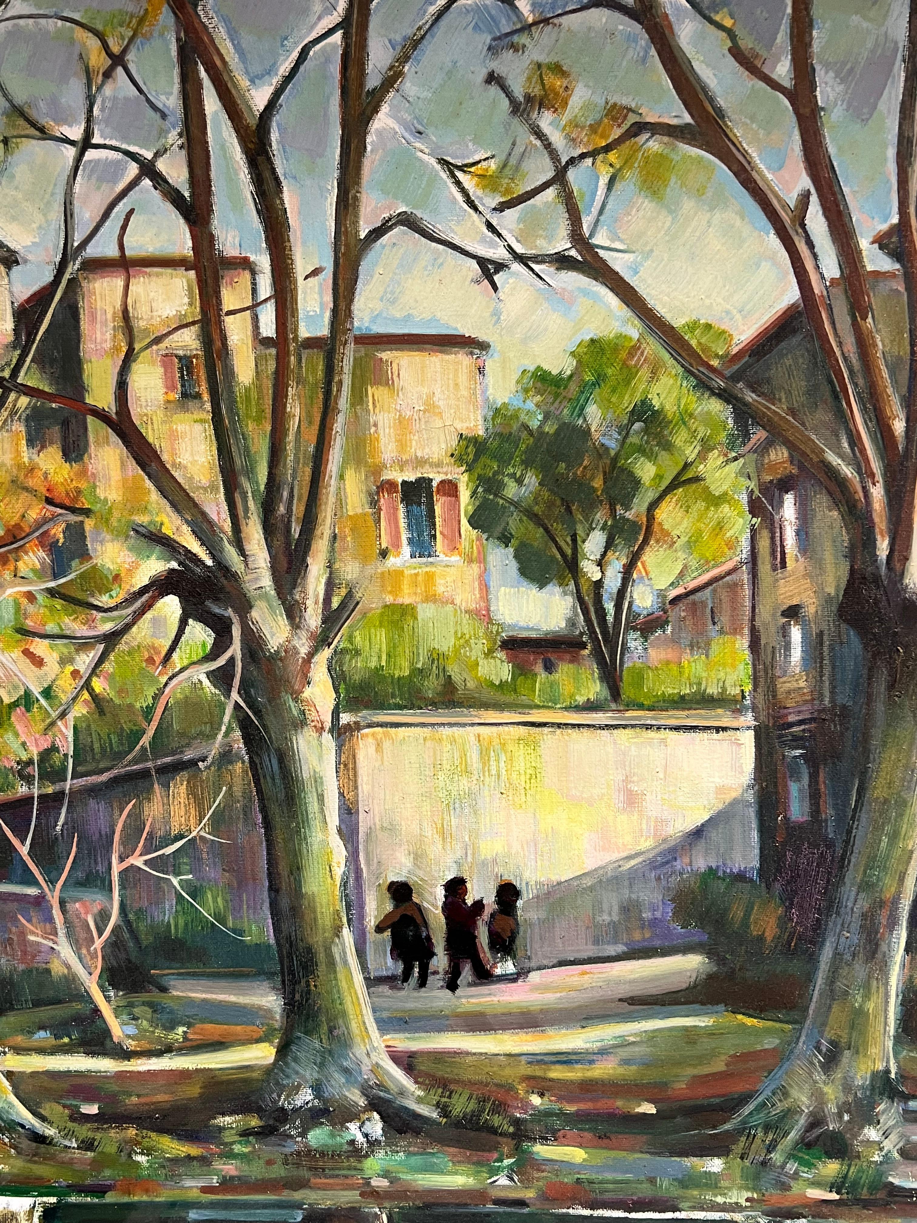 Anciennes figures de château français sur les rives et les ponts de la rivière Grande peinture à l'huile française - École française Painting par Max Toutain