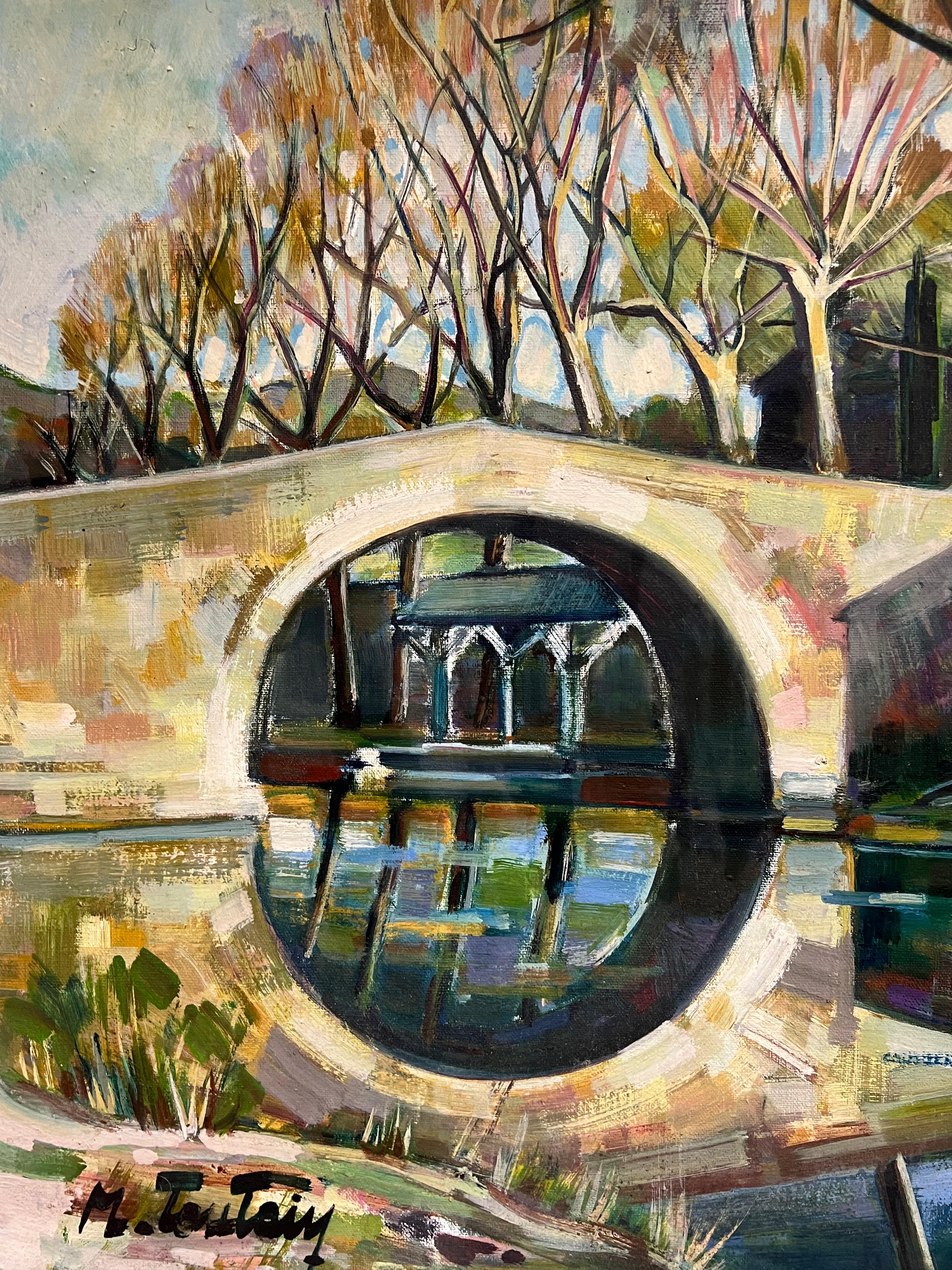 Anciennes figures de château français sur les rives et les ponts de la rivière Grande peinture à l'huile française en vente 3