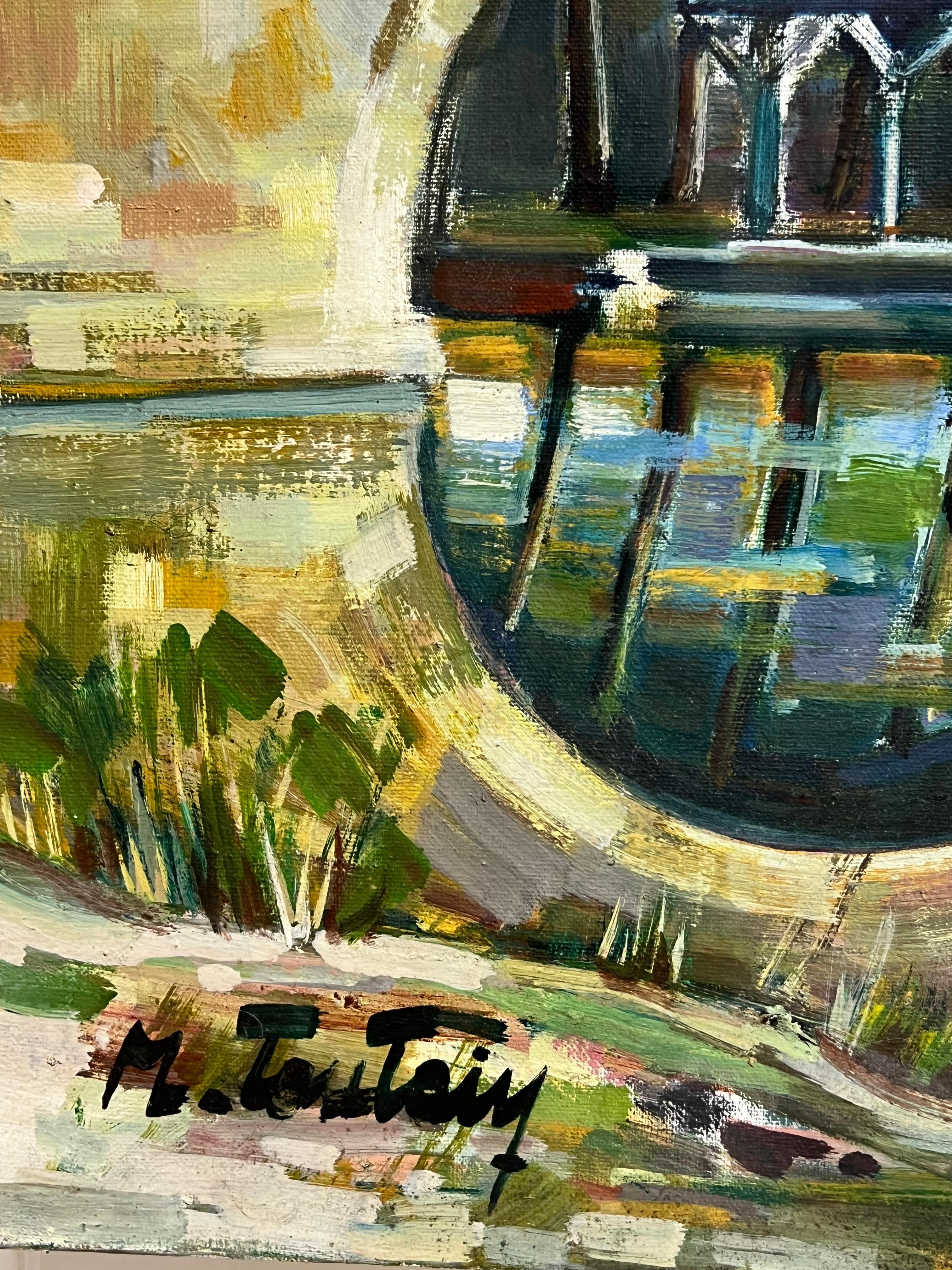 Anciennes figures de château français sur les rives et les ponts de la rivière Grande peinture à l'huile française en vente 4