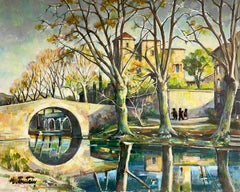 Antiguo castillo francés Figuras a orillas del río y puente Enorme pintura al óleo francesa