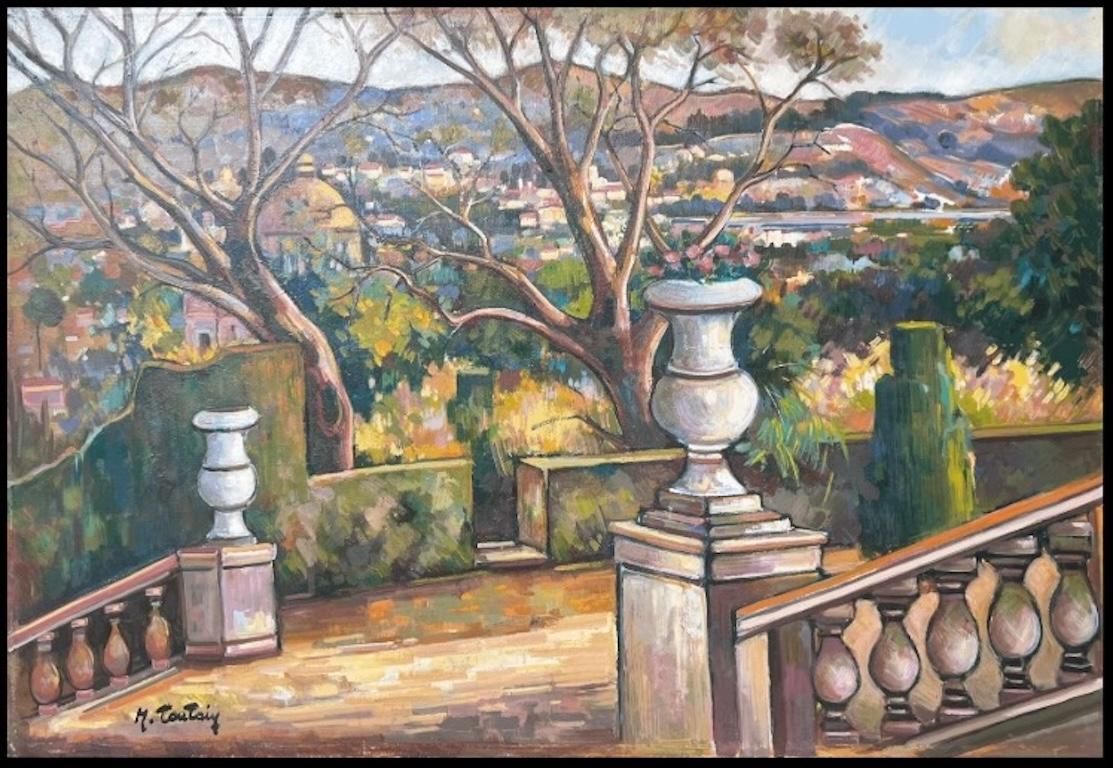 Terrazza del giardino costiero provenzale Grande dipinto impressionista francese del XX secolo - Painting di Max Toutain