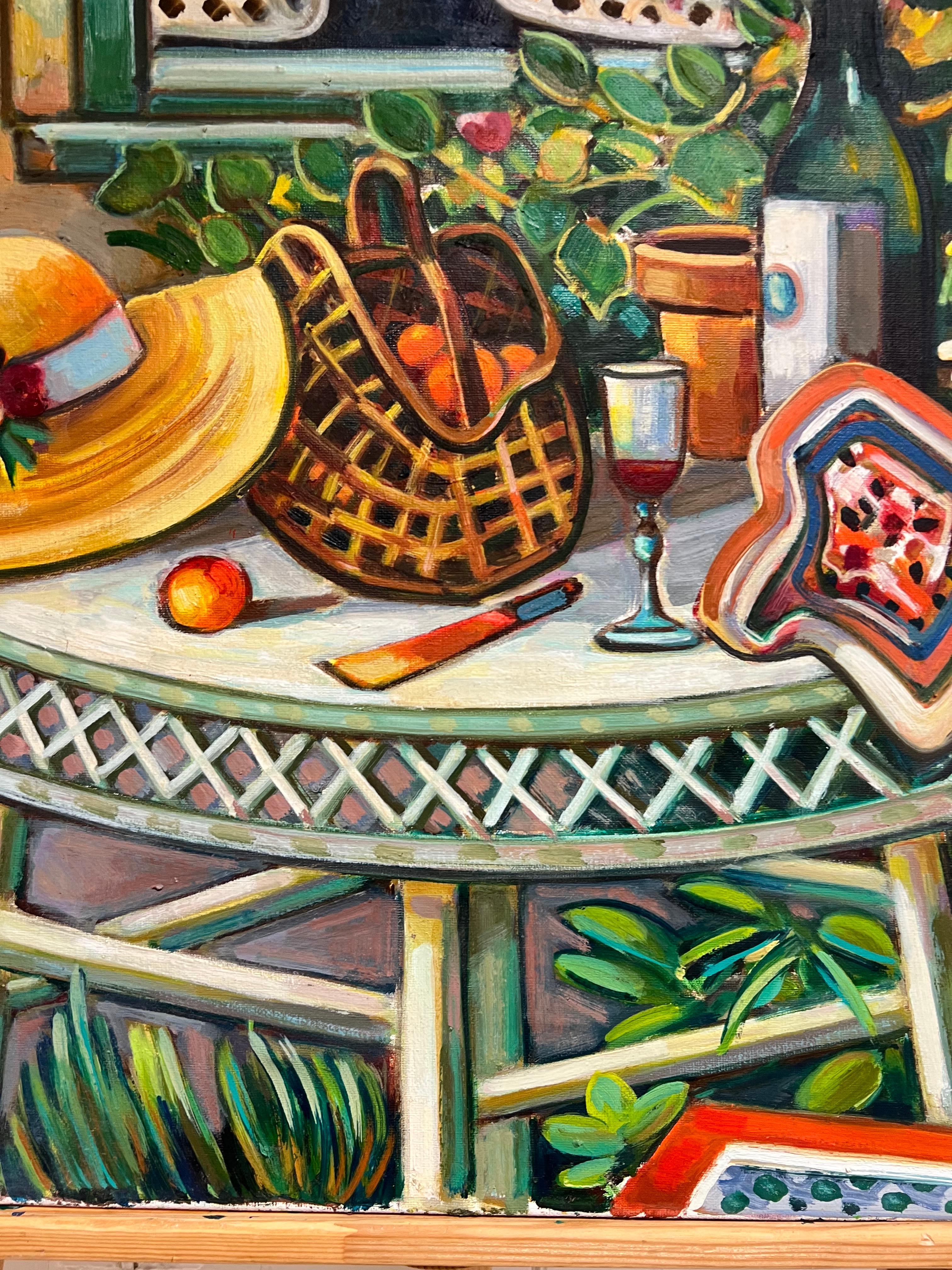 Provencal Garden Window Scene Flowers & Old Hat Huge 20th Century French Oil For Sale 5