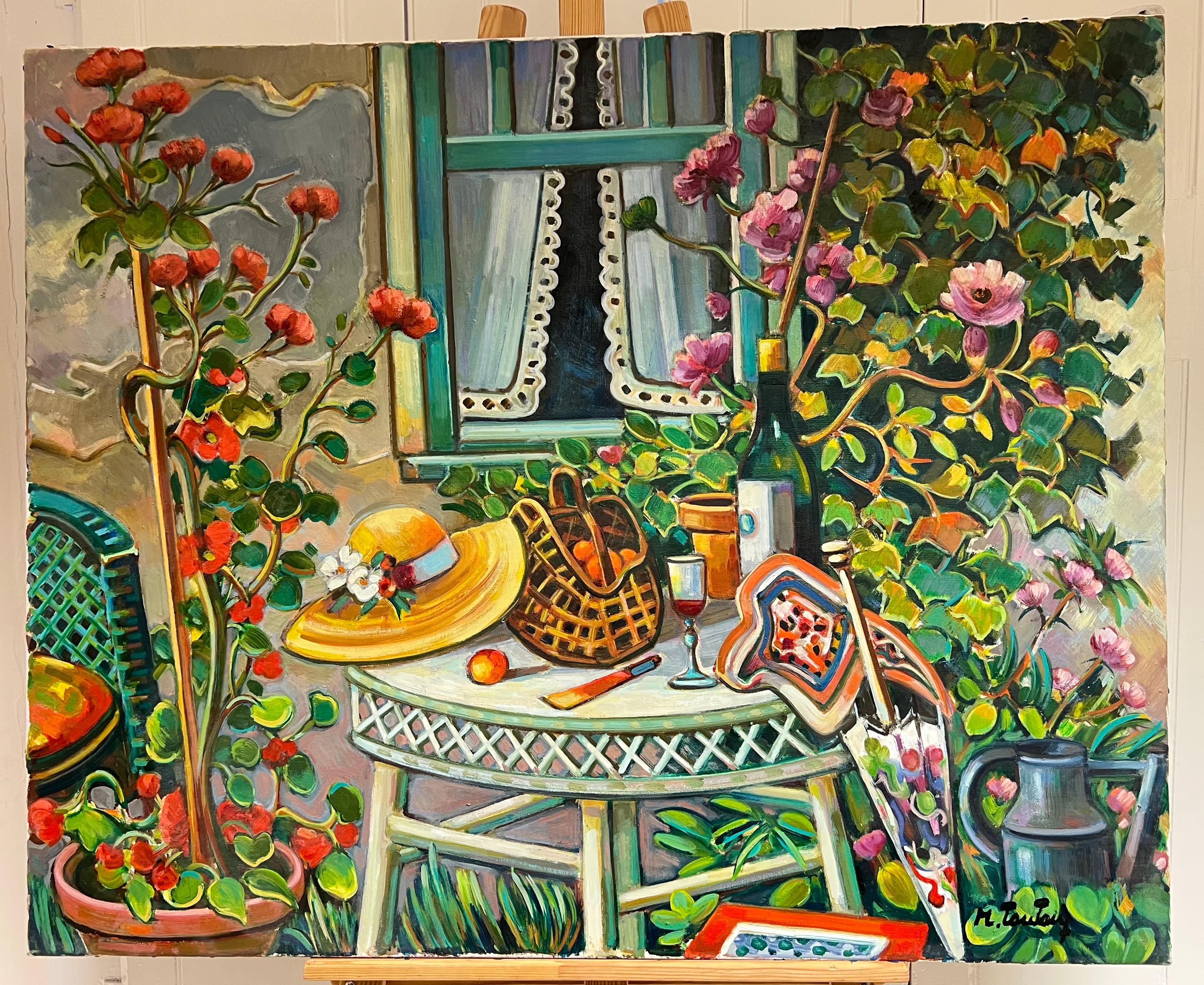 Provencal Garden Window Scene Flowers & Old Hat Huge 20th Century French Oil - Painting by Max Toutain