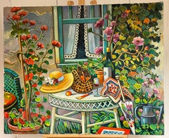 Provencal Garden Window Scene Flowers & Old Hat Huge 20th Century French Oil