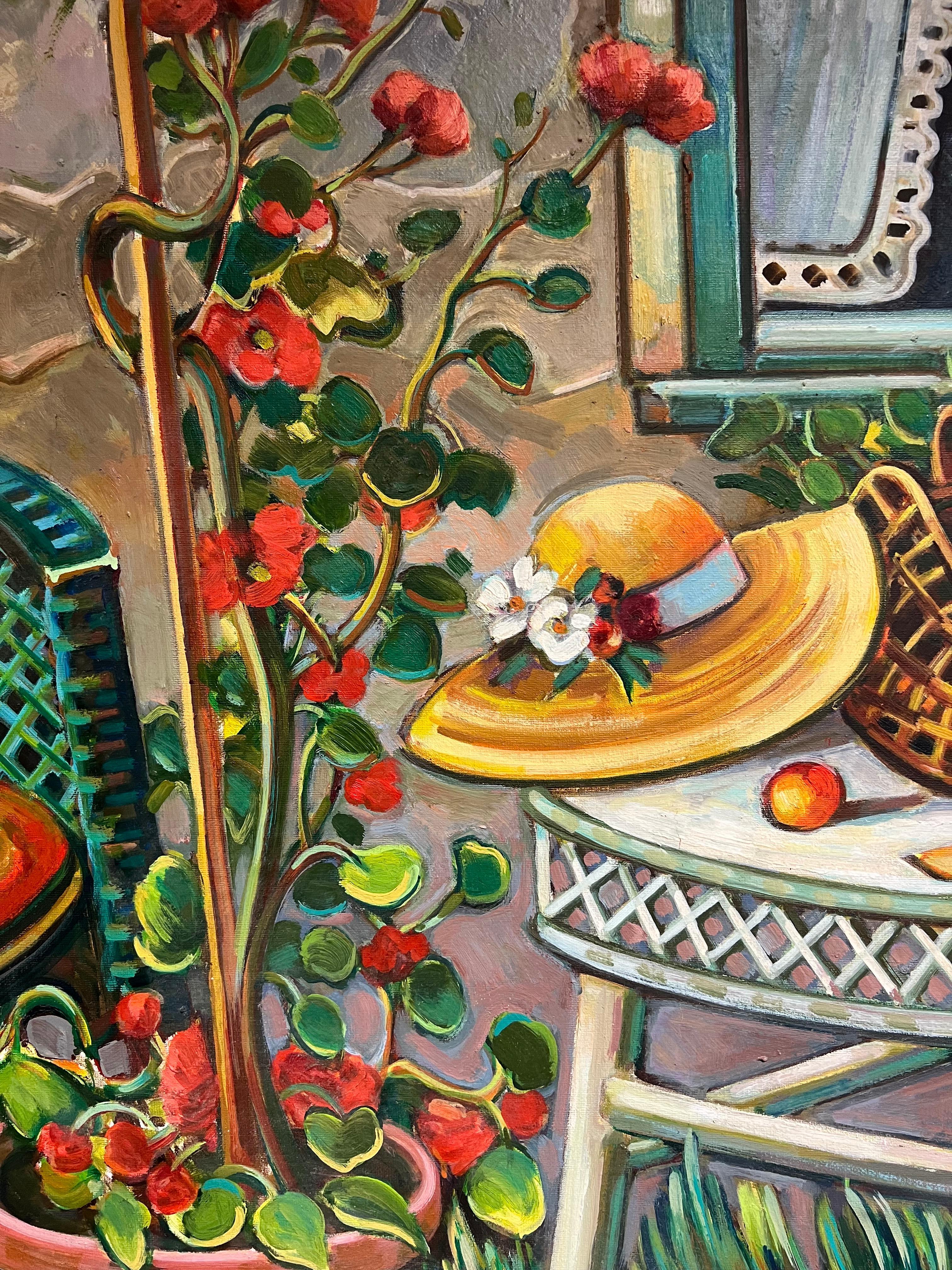 Provencal Garden Window Scene Flowers & Old Hat Huge 20th Century French Oil - Brown Still-Life Painting by Max Toutain
