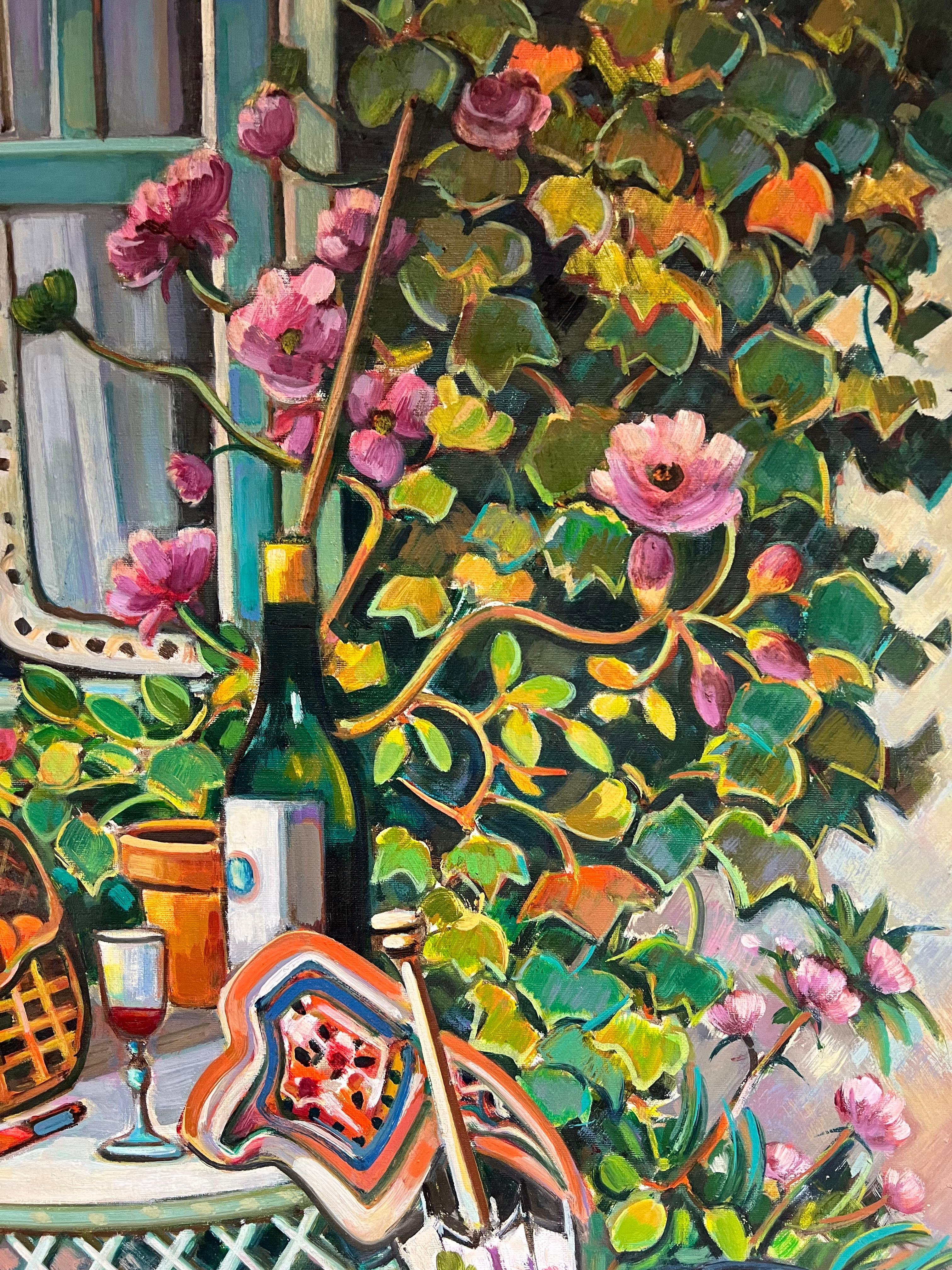 Provencal Garden Window Scene Flowers & Old Hat Huge 20th Century French Oil For Sale 1