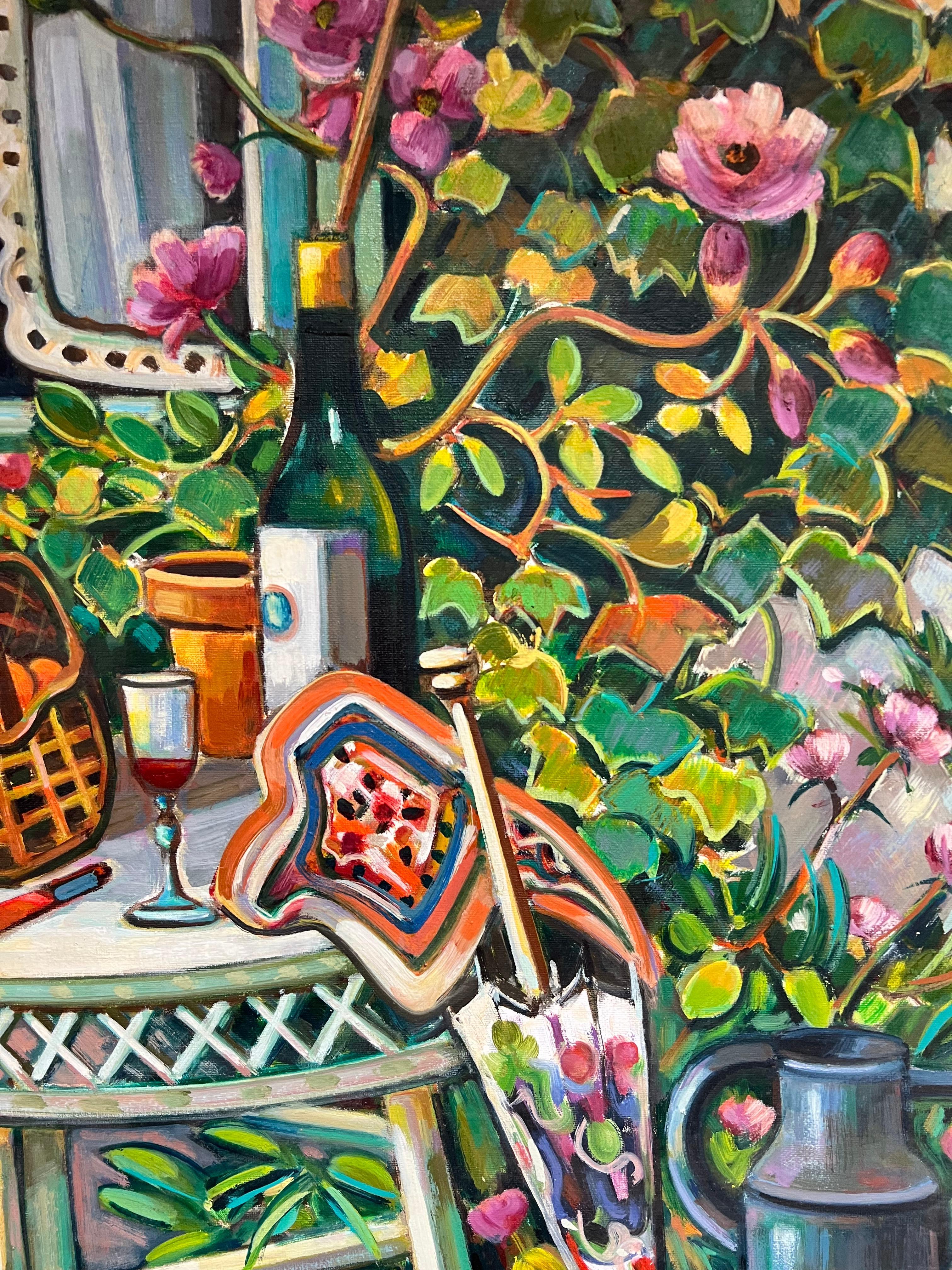 Provencal Garden Window Scene Flowers & Old Hat Huge 20th Century French Oil For Sale 2