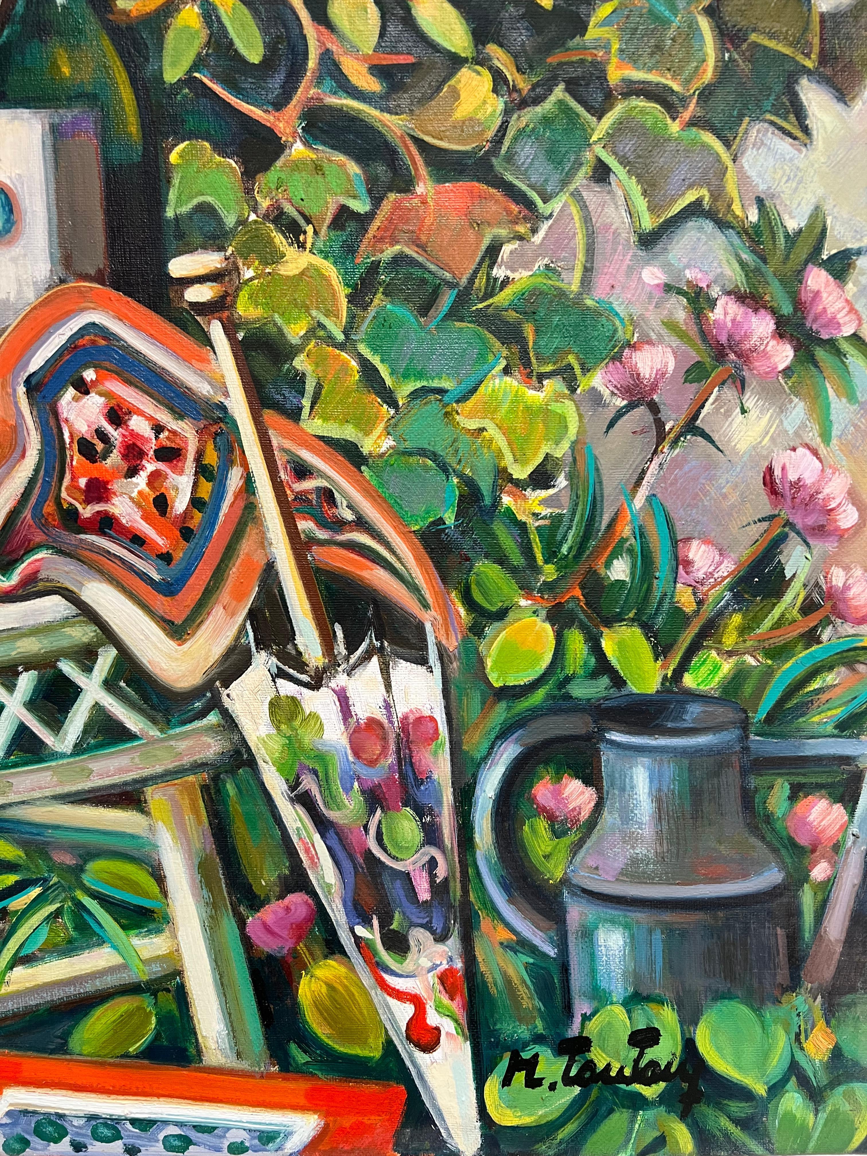Provencal Garden Window Scene Flowers & Old Hat Huge 20th Century French Oil For Sale 3