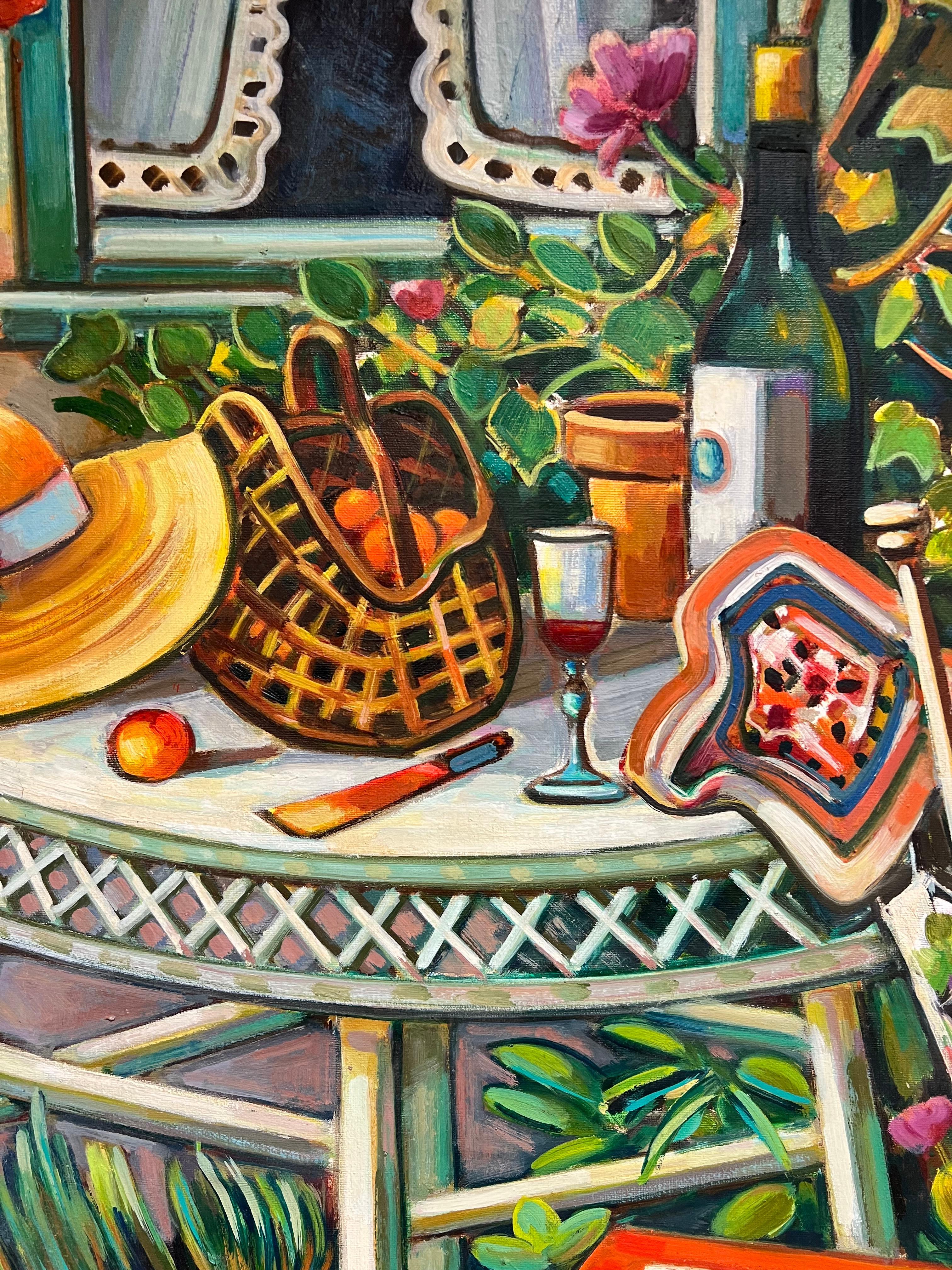 Provencal Garden Window Scene Flowers & Old Hat Huge 20th Century French Oil For Sale 4