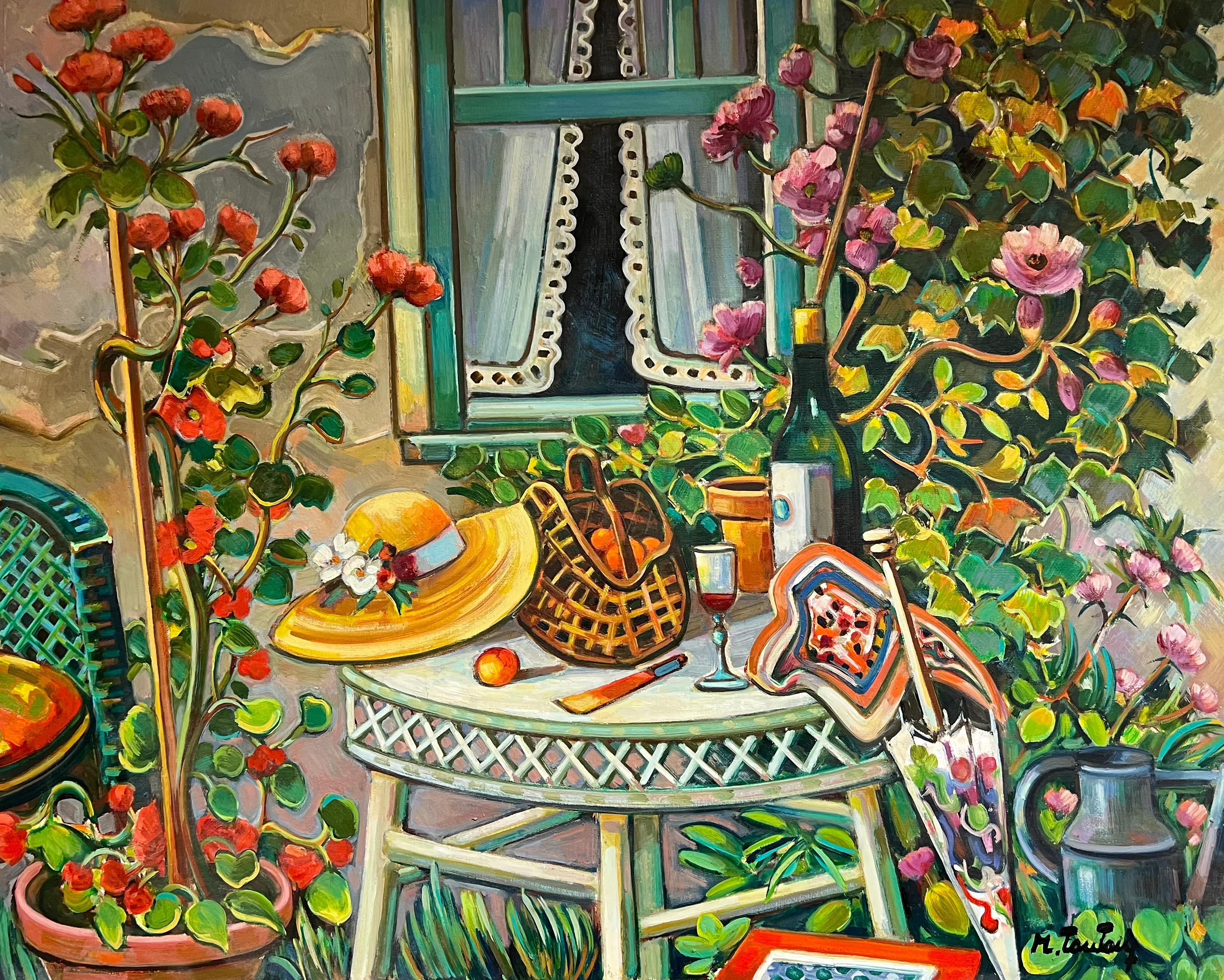 Max Toutain Still-Life Painting - Provencal Garden Window Scene Flowers & Old Hat Huge 20th Century French Oil