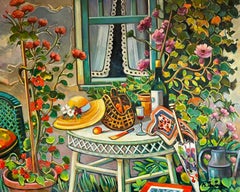 Vintage Provencal Garden Window Scene Flowers & Old Hat Huge 20th Century French Oil