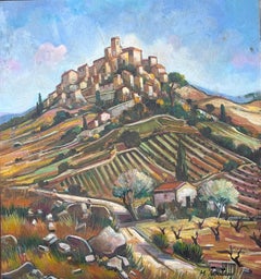 Provencal Hill Perched Town 20th Century French Post Impressionist Oil Painting