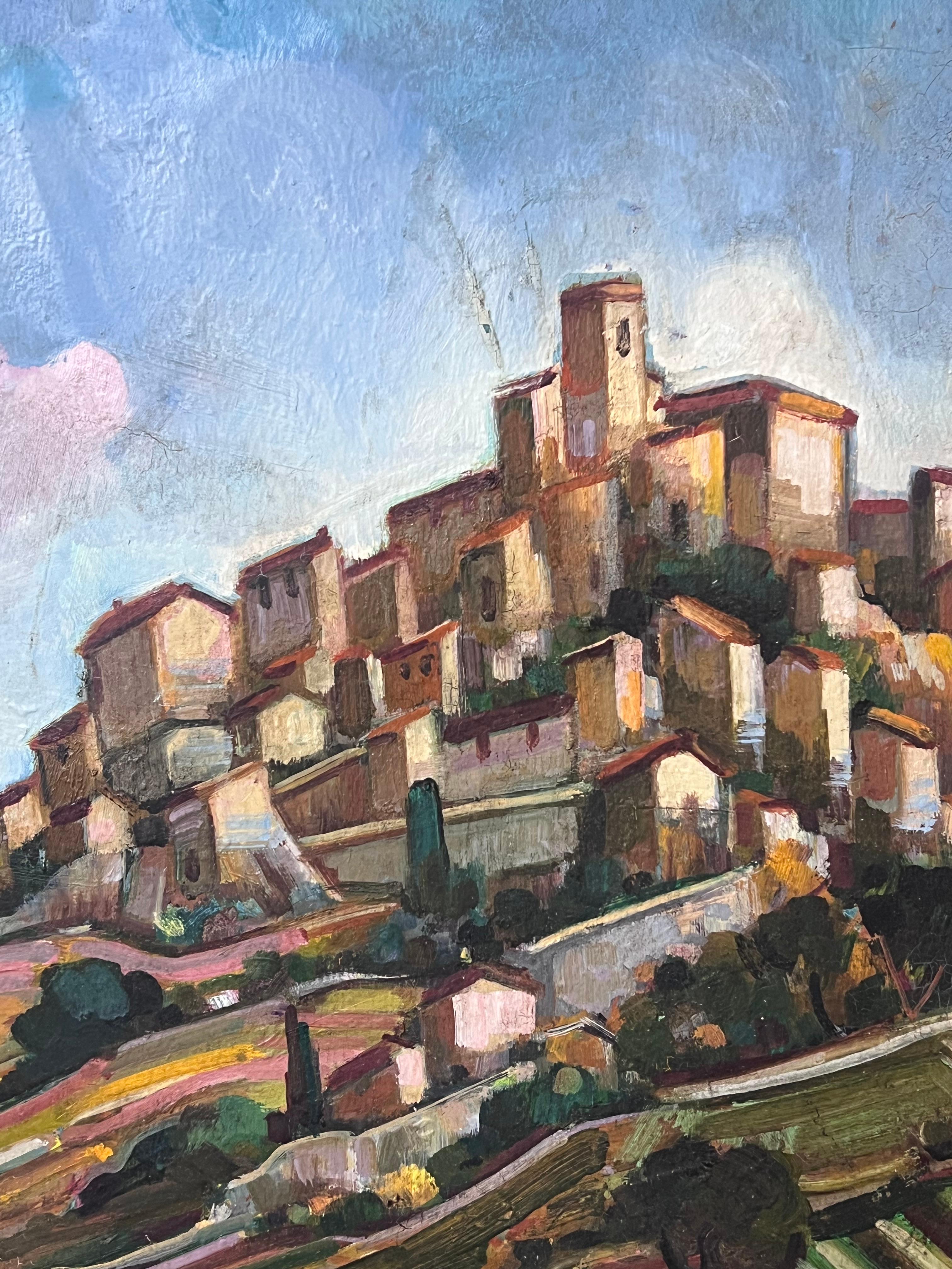 I. Hill Provenzale Città arroccata Pittura ad olio post impressionista francese del XX secolo - Landscape Painting Grigio di Max Toutain