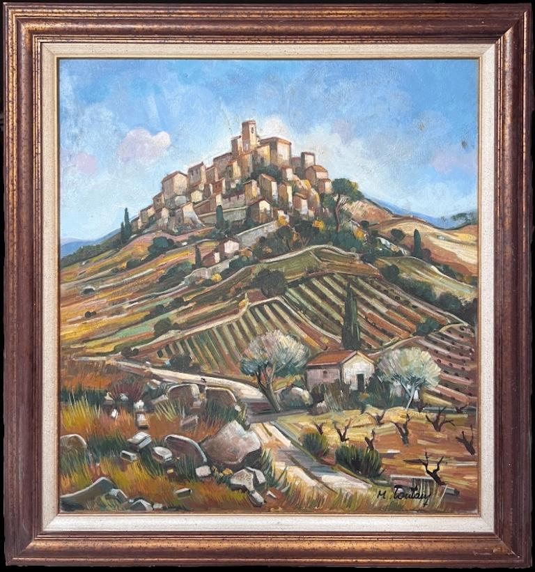 Landscape Painting di Max Toutain - I. Hill Provenzale Città arroccata Pittura ad olio post impressionista francese del XX secolo