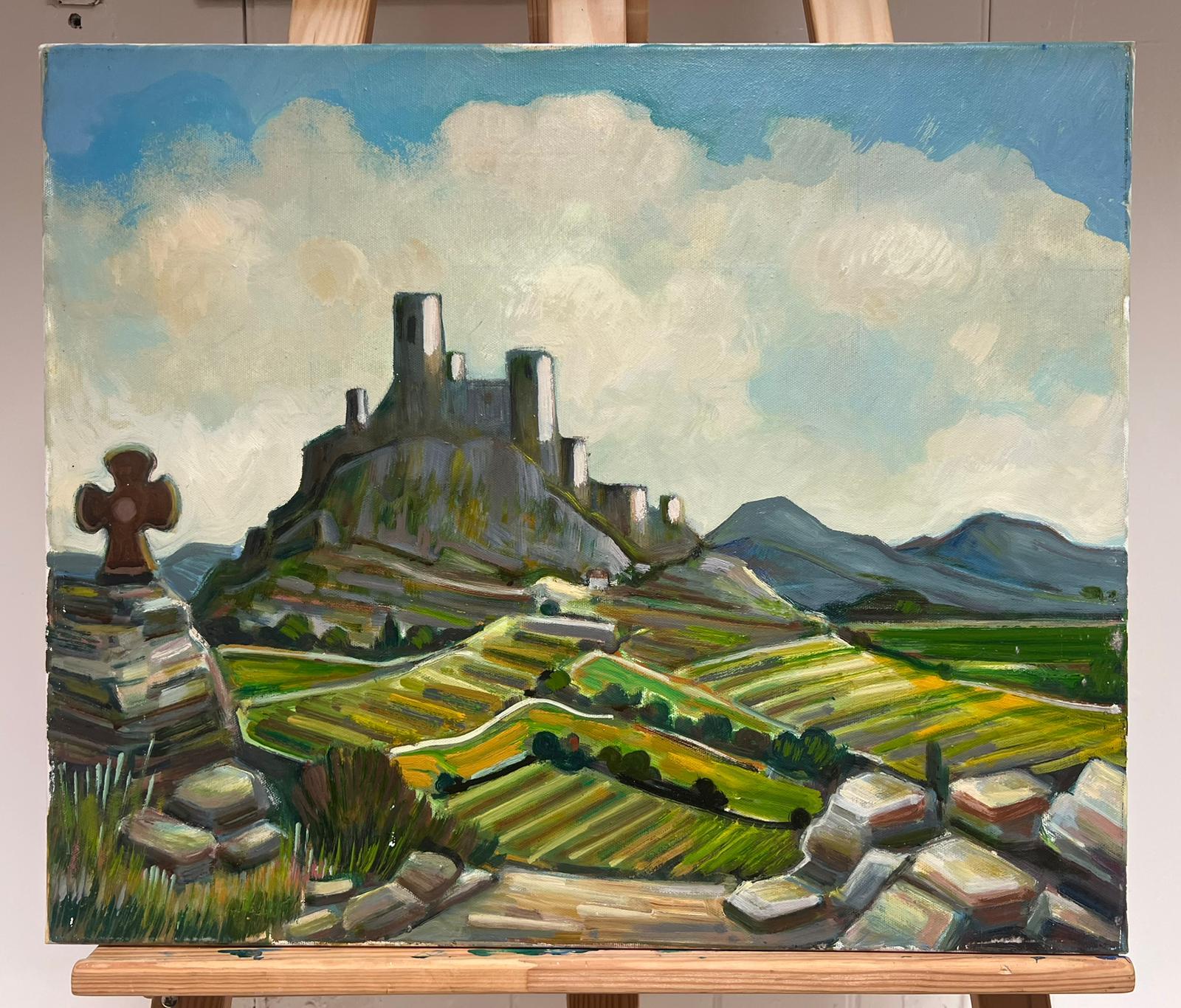 Provencal Hilltop Village South of France Green Landscape French Oil Painting - Gray Landscape Painting by Max Toutain