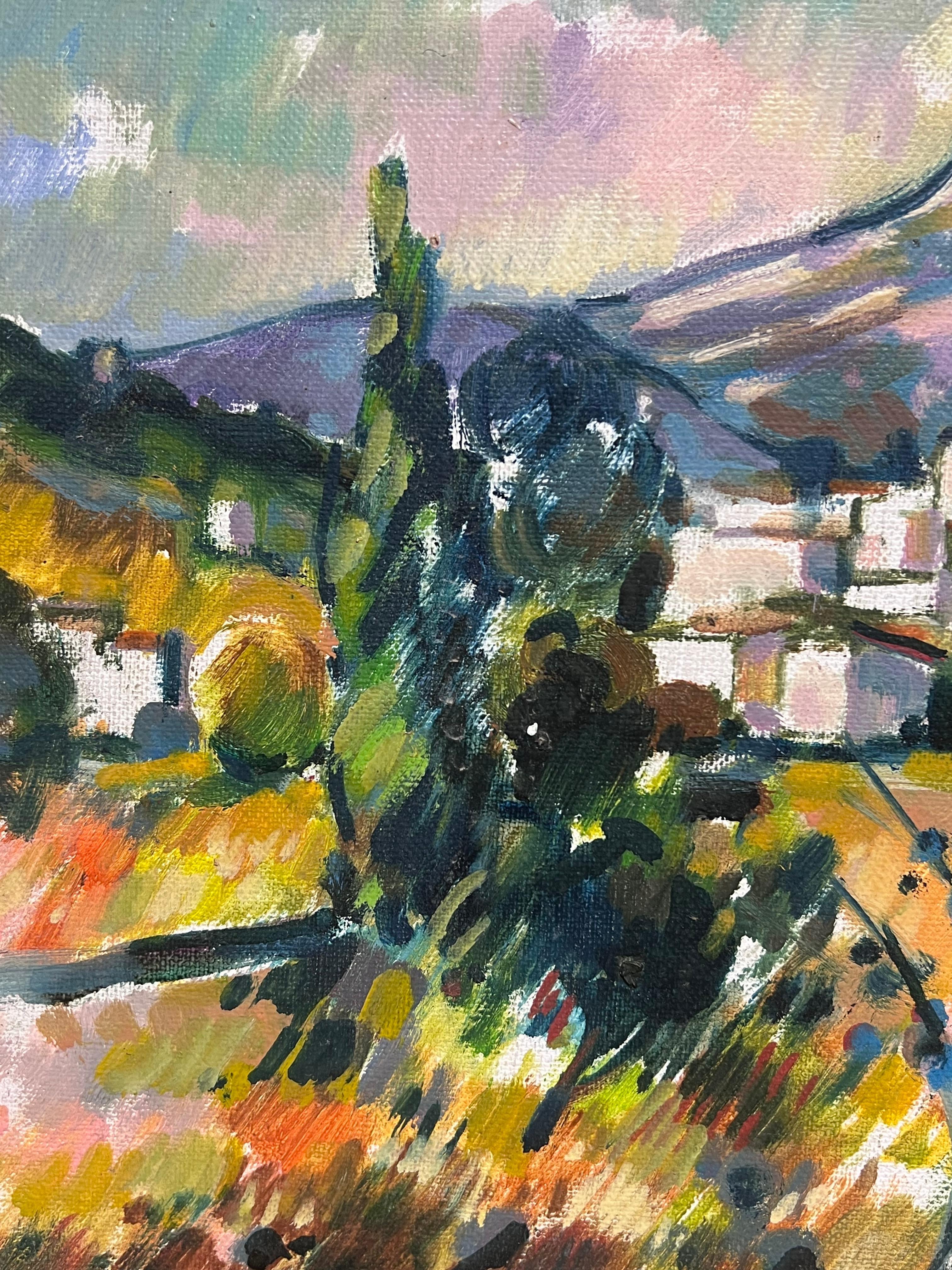 Provencal Landscape with French Mountain and Village Post Impressionist Oil - Brown Landscape Painting by Max Toutain