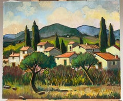 Provence Red Roofed Houses in Landscape 20th Century French Modernist Oil Paint