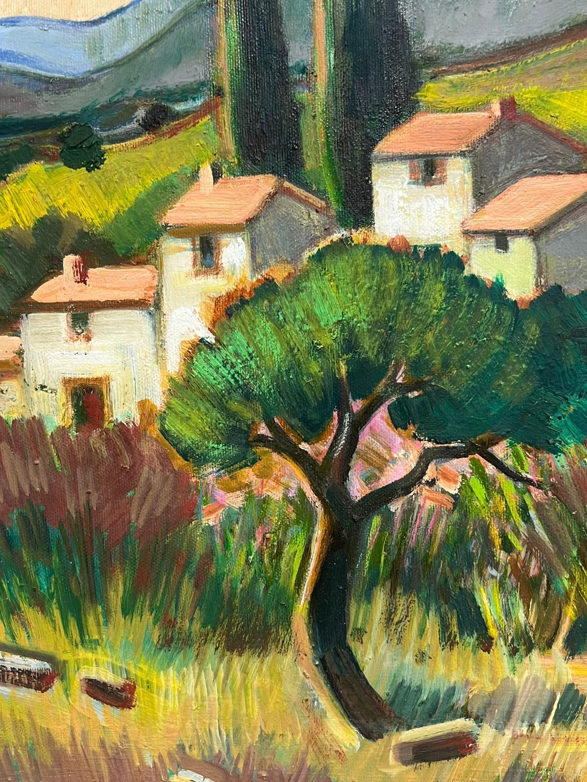 Provence Red Roofed Houses in Landscape 20th Century French Modernist Oil Paint - Post-Impressionist Painting by Max Toutain